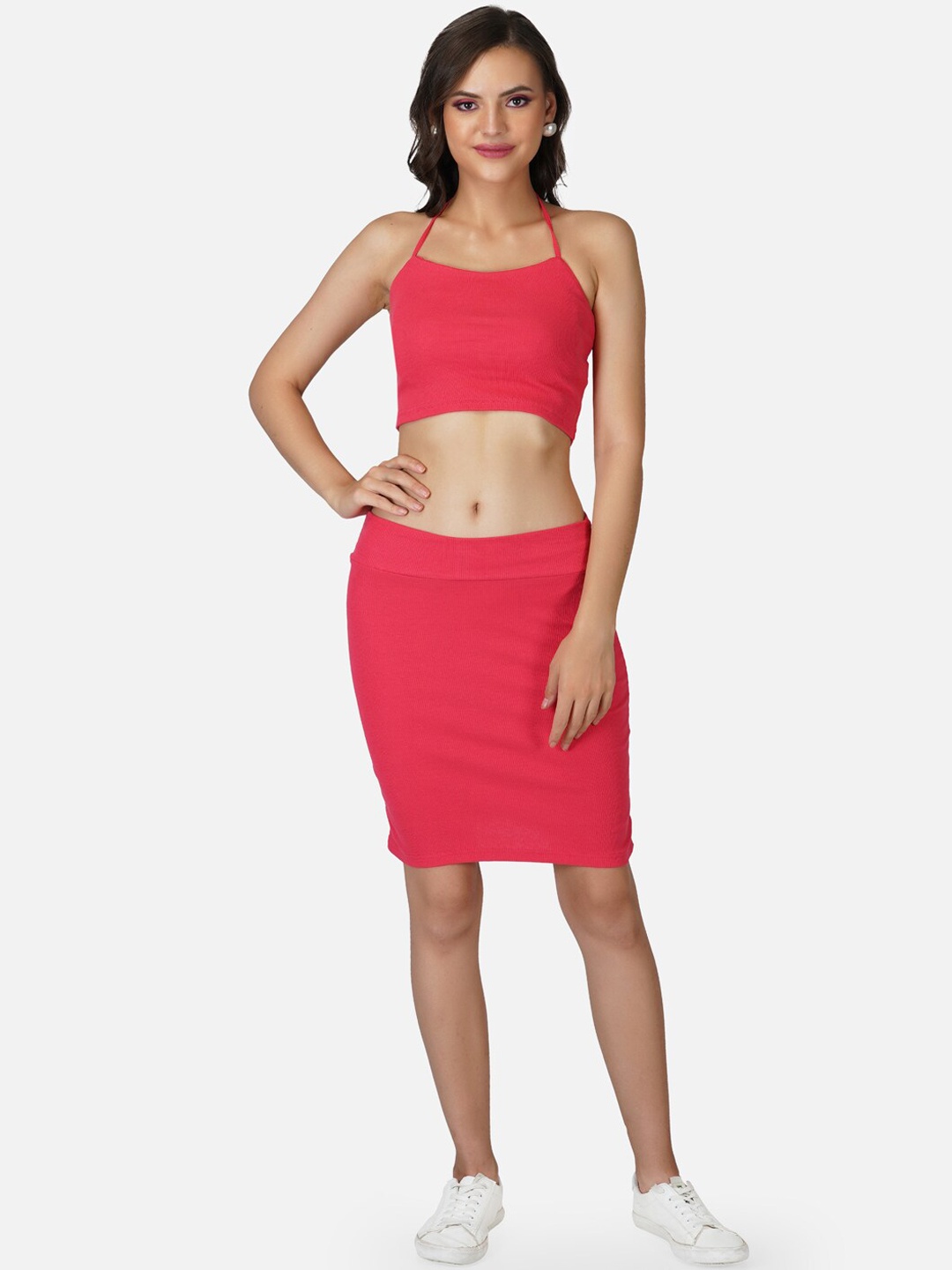 

Tinted Women Pure Cotton Crop Top with Pencil Skirt, Coral