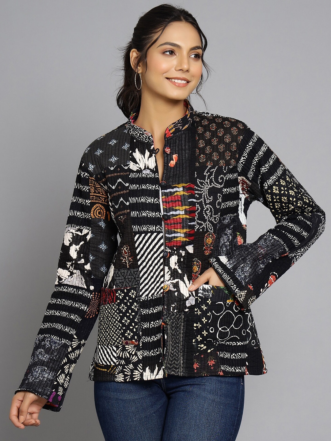

HANDICRAFT PALACE Women Floral Reversible Cotton Tailored Jacket, Black