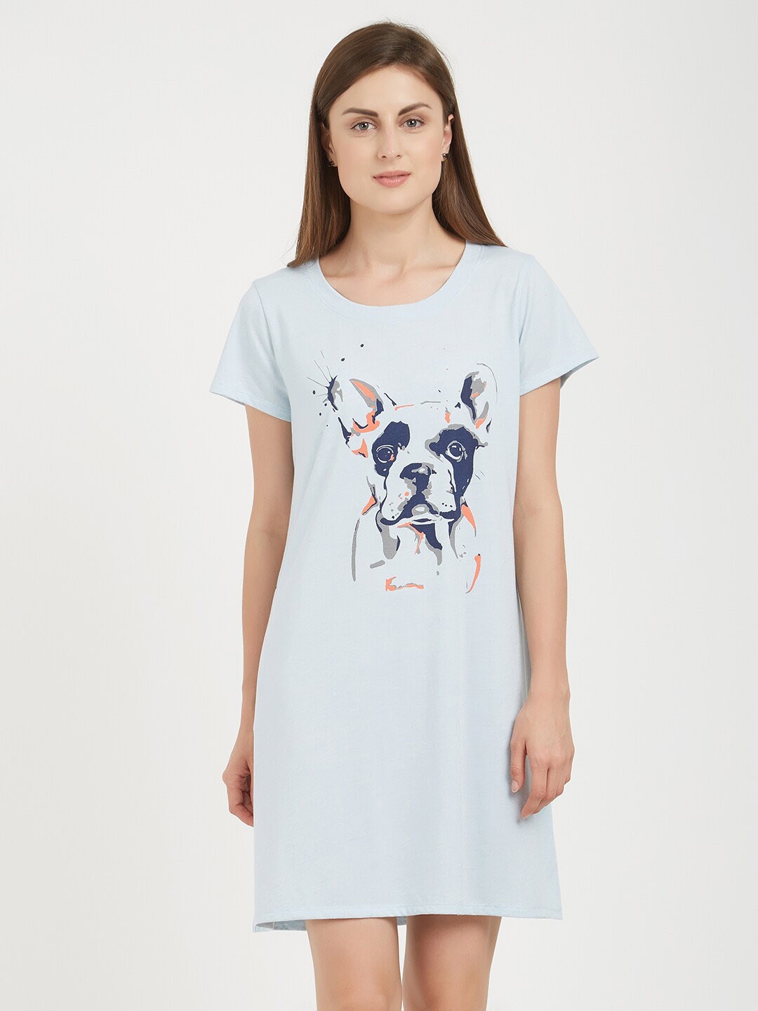

Soie Women Printed Knee Length Nightdress, Blue