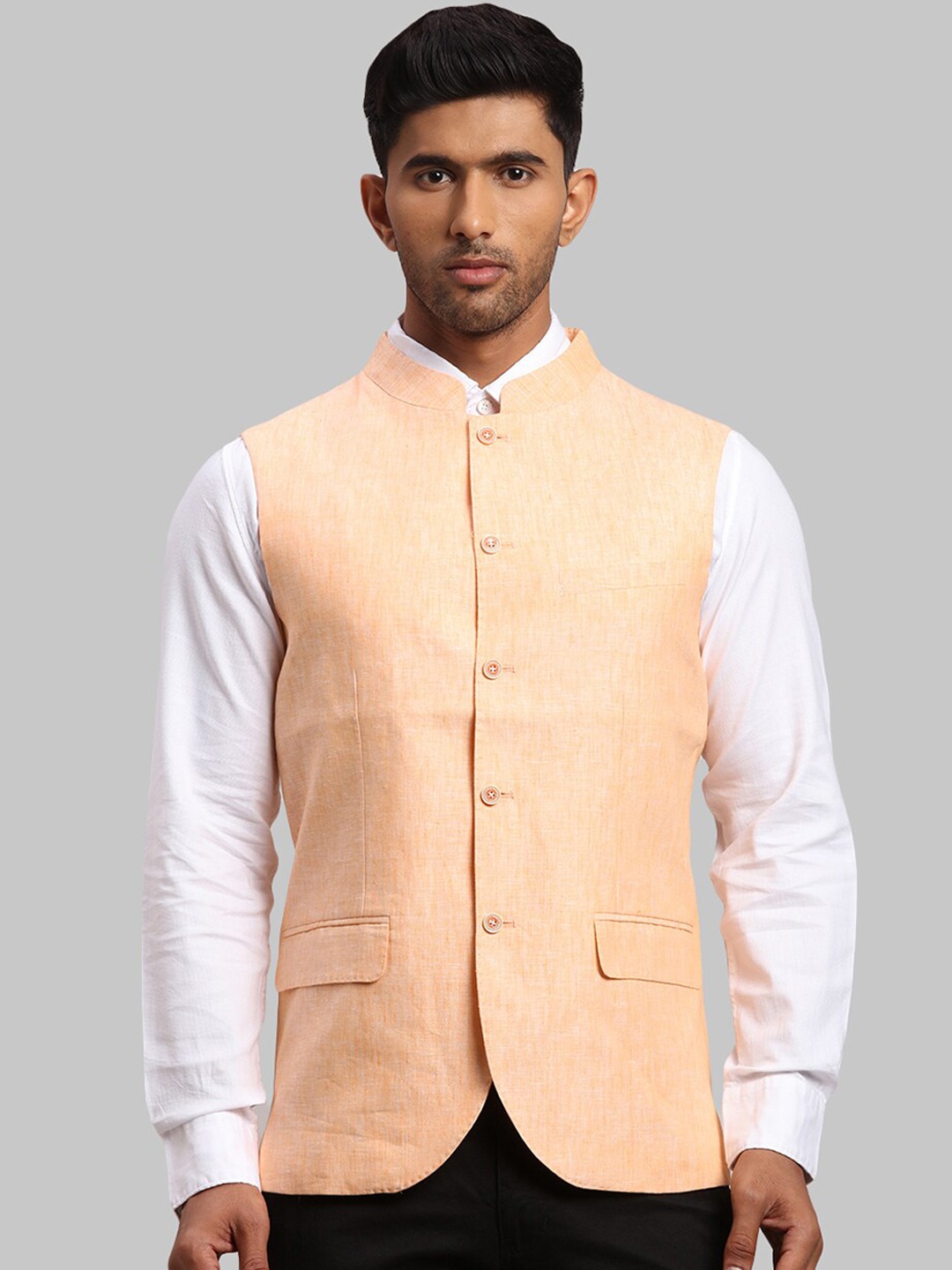 

Parx Men Woven Solid Linen Nehru Jacket, Orange