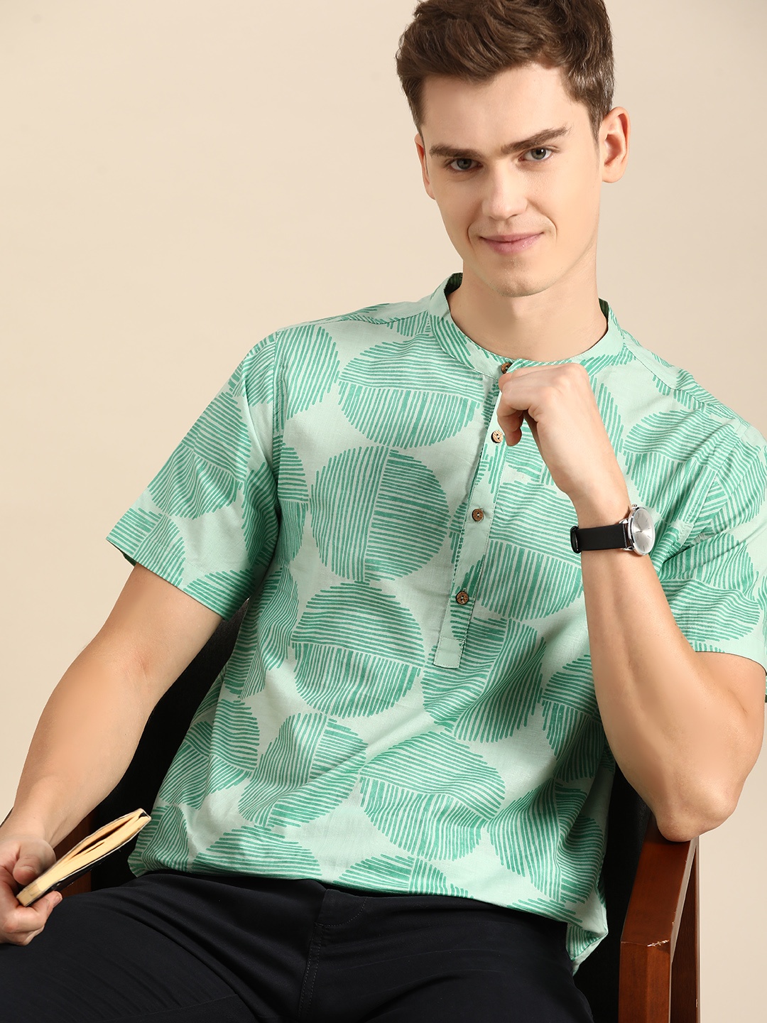 

Anouk Striped Band Collar Kurta, Green