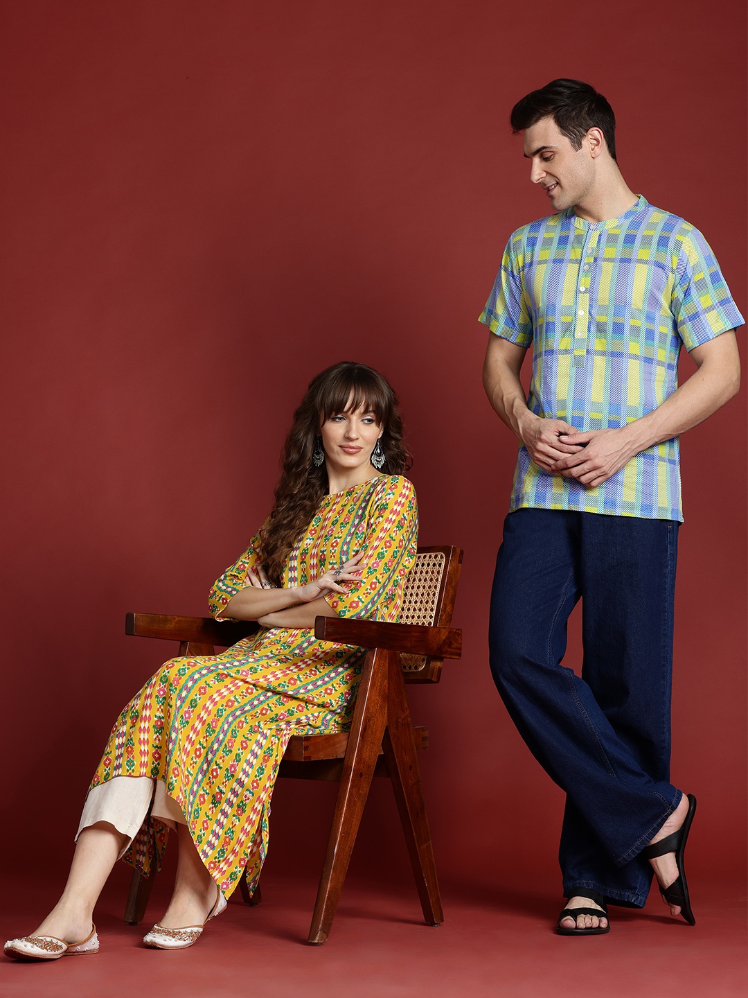 

Anouk Checked Band Collar Kurta, Blue
