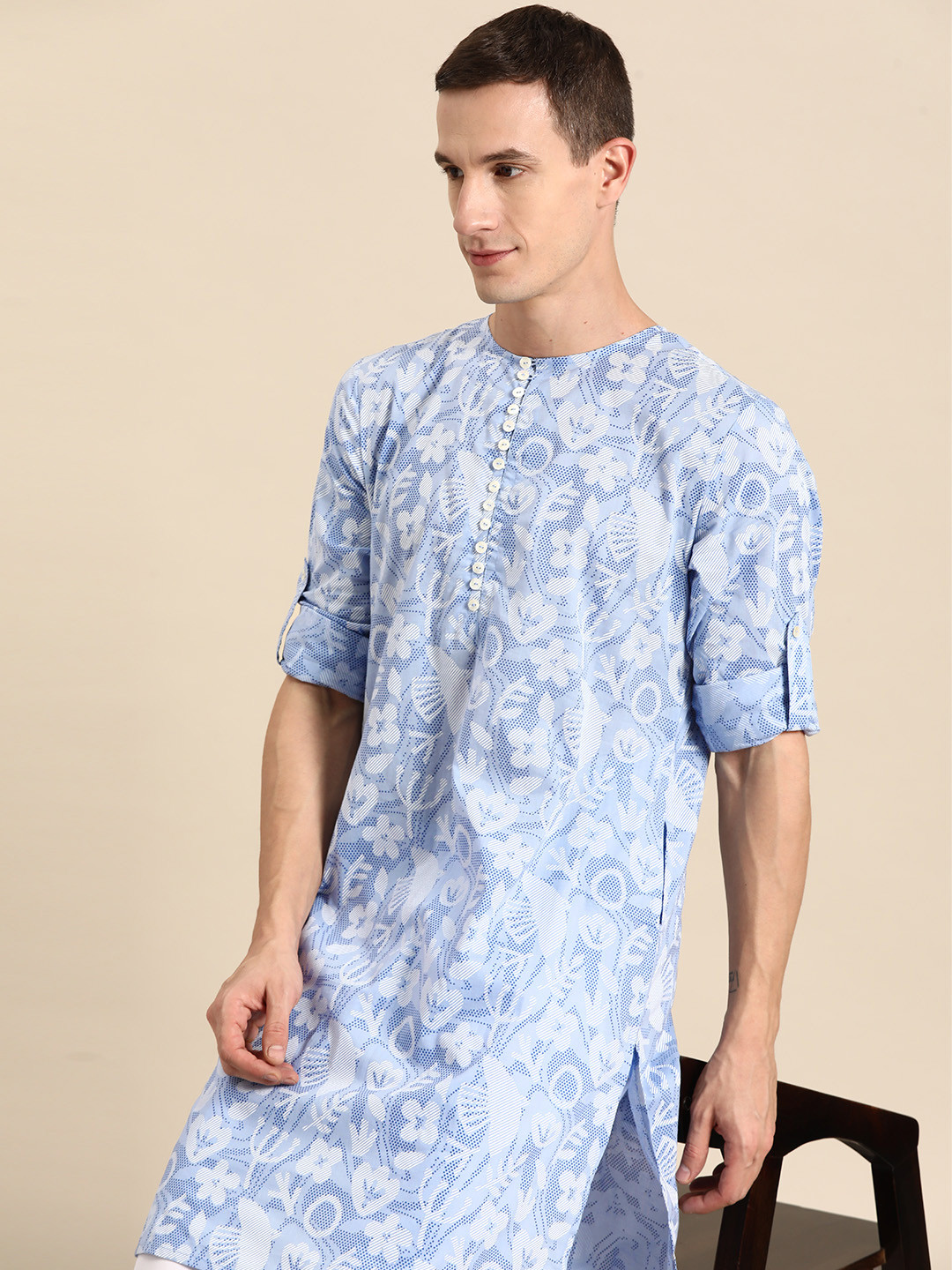 

Anouk Men Cotton Floral Print Kurta, Blue