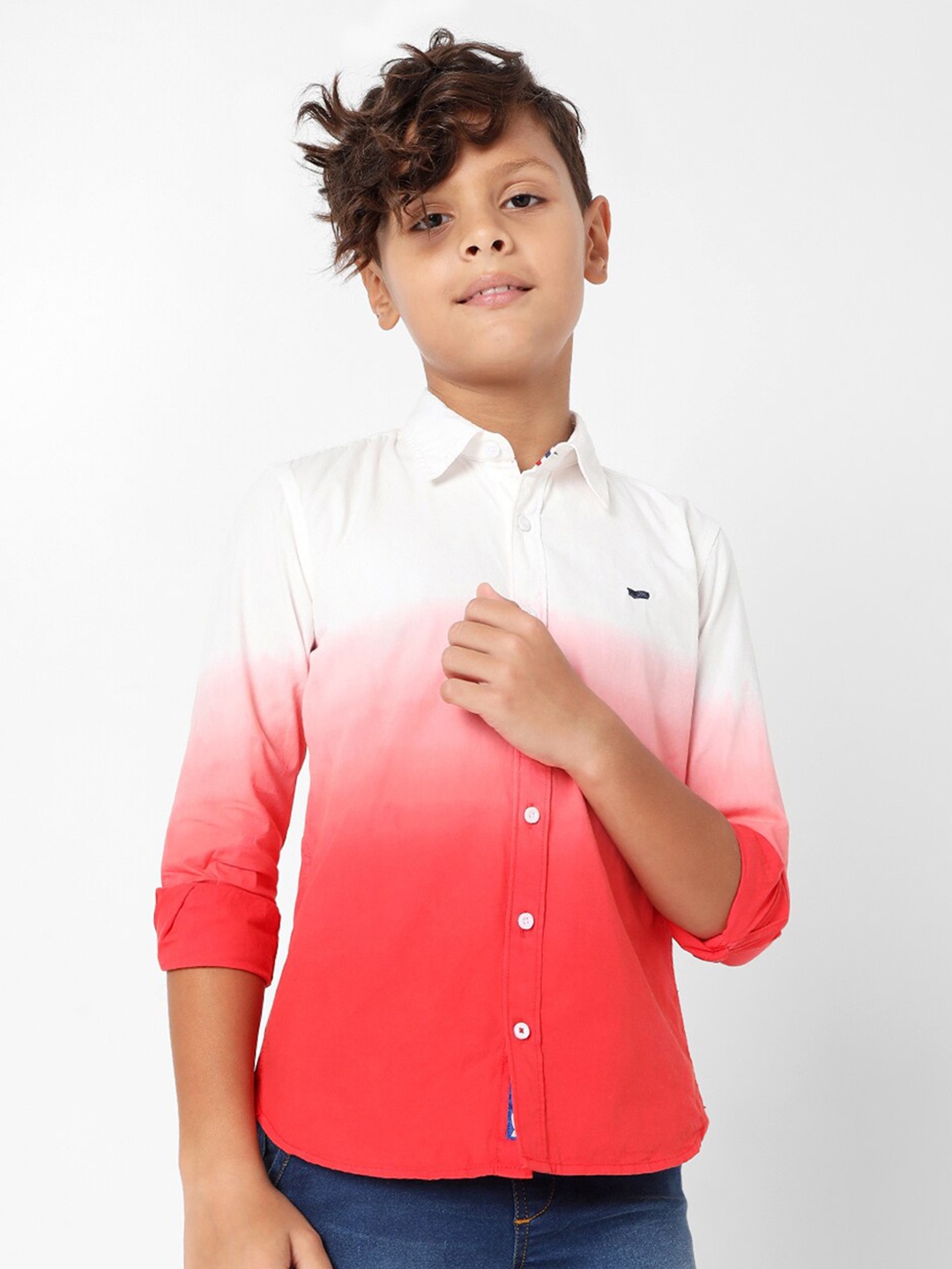 

GAS Boys Colourblocked Ombre Slim Fit Cotton Casual Shirt, White