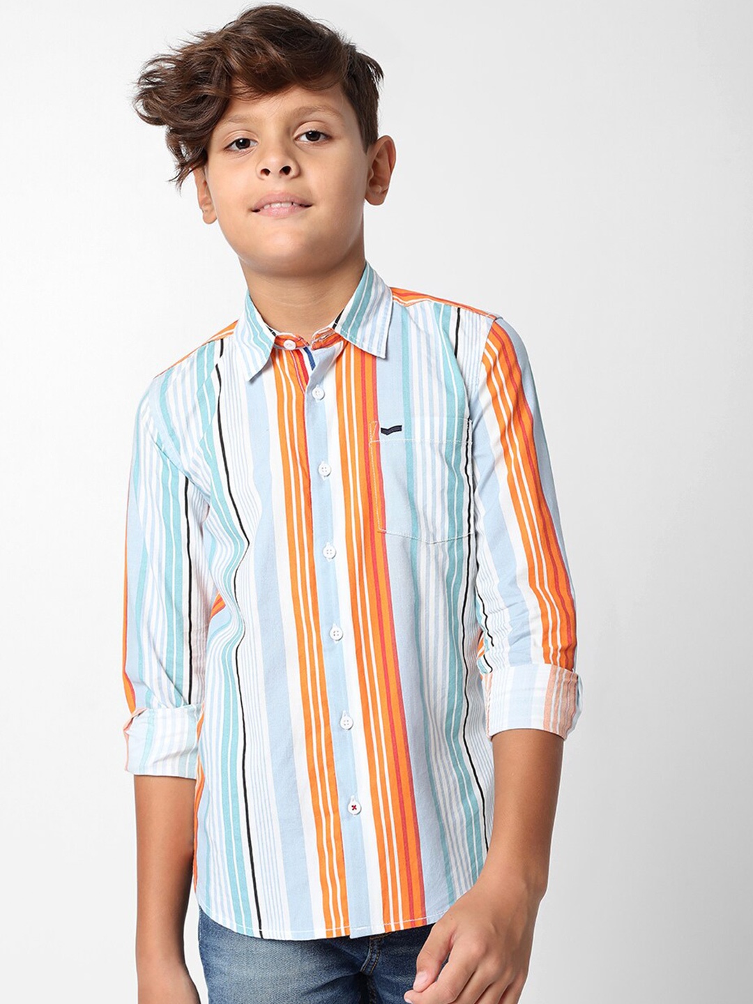 

GAS Boys Slim Fit Multi Striped Pure Cotton Casual Shirt, Orange