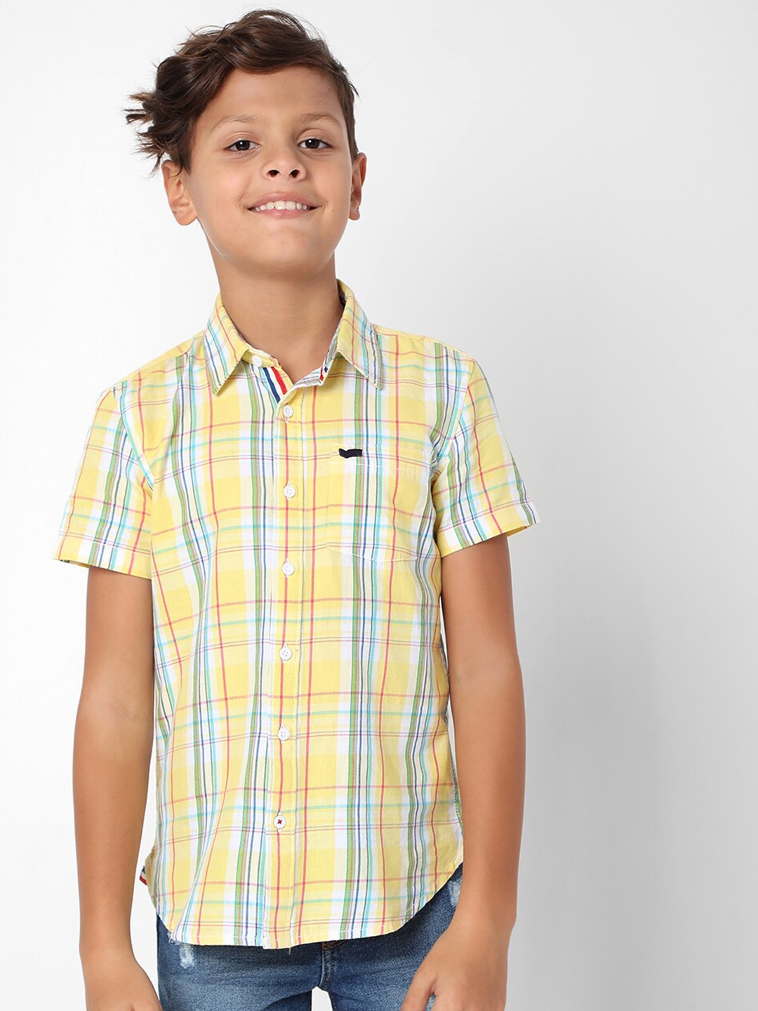 

GAS Boys Slim Fit Tartan Checked Pure Cotton Casual Shirt, Yellow