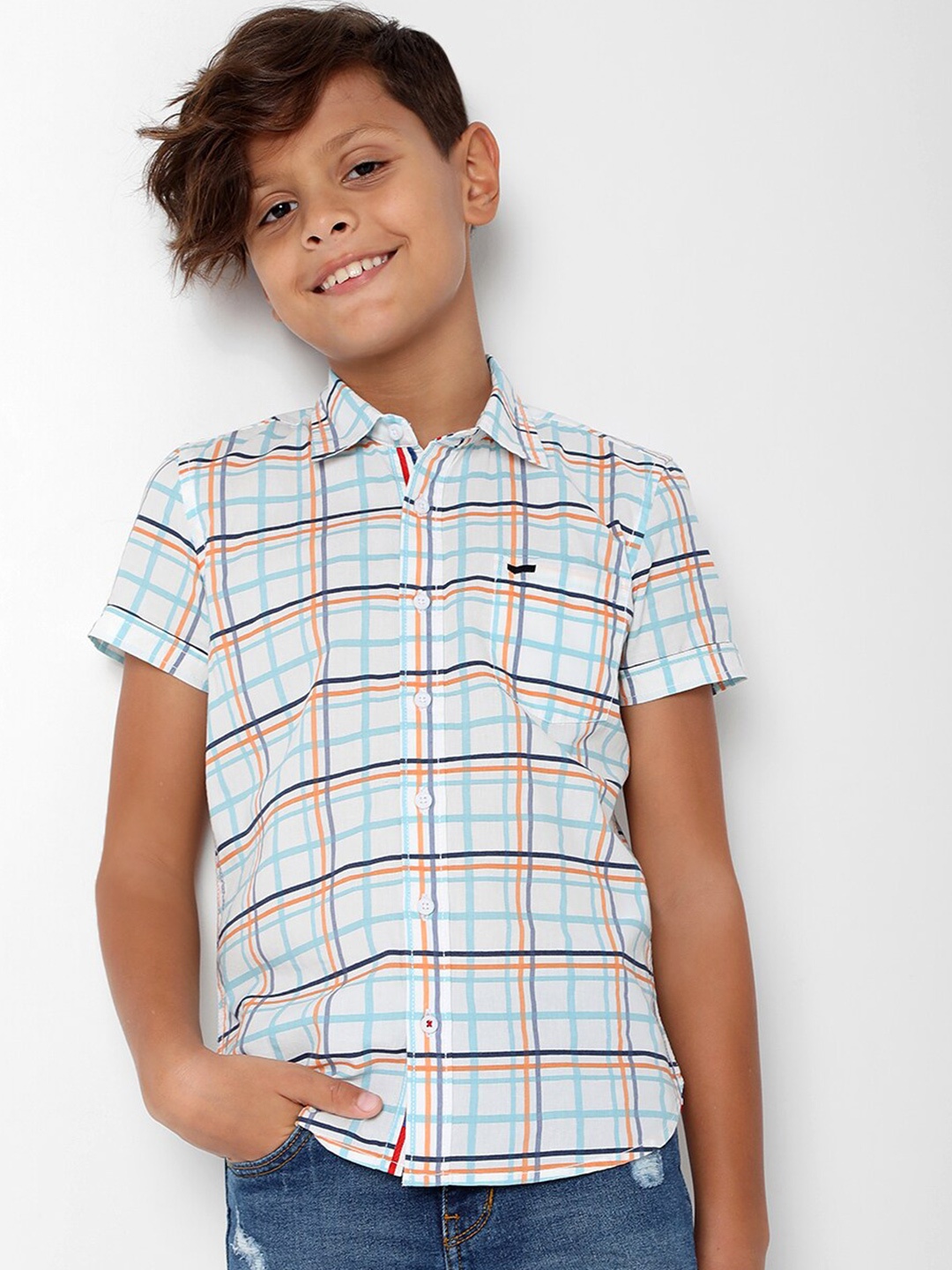 

GAS Boys Slim Fit Checked Pure Cotton Casual Shirt, White