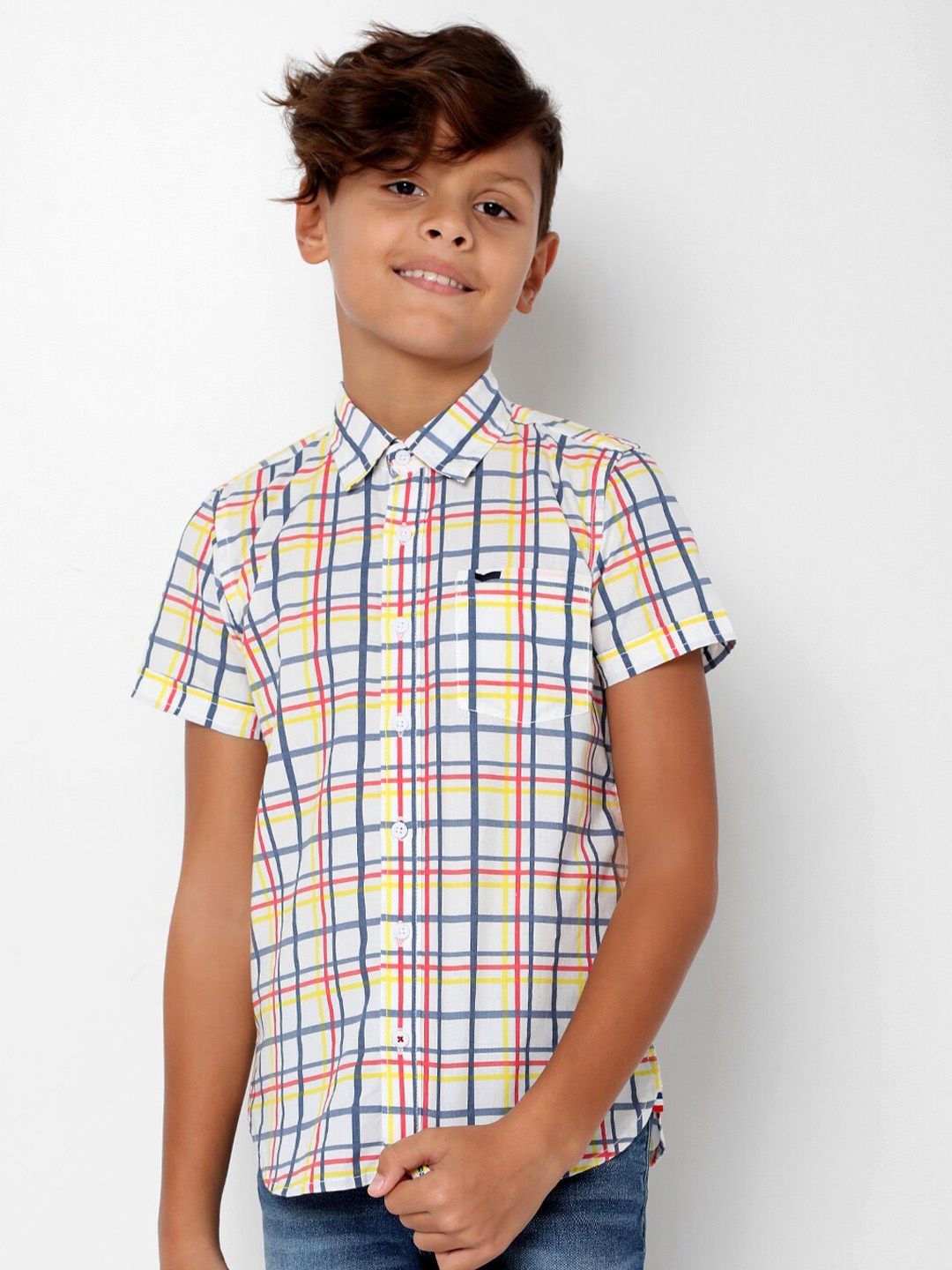 

GAS Boys Slim Fit Tartan Checked Pure Cotton Casual Shirt, White
