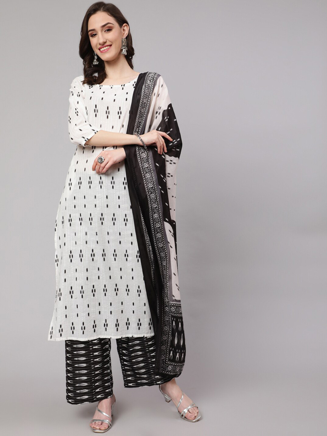 

Nayo Ethnic Motifs Printed Pure Cotton Kurta with Palazzos & With Dupatta, Off white