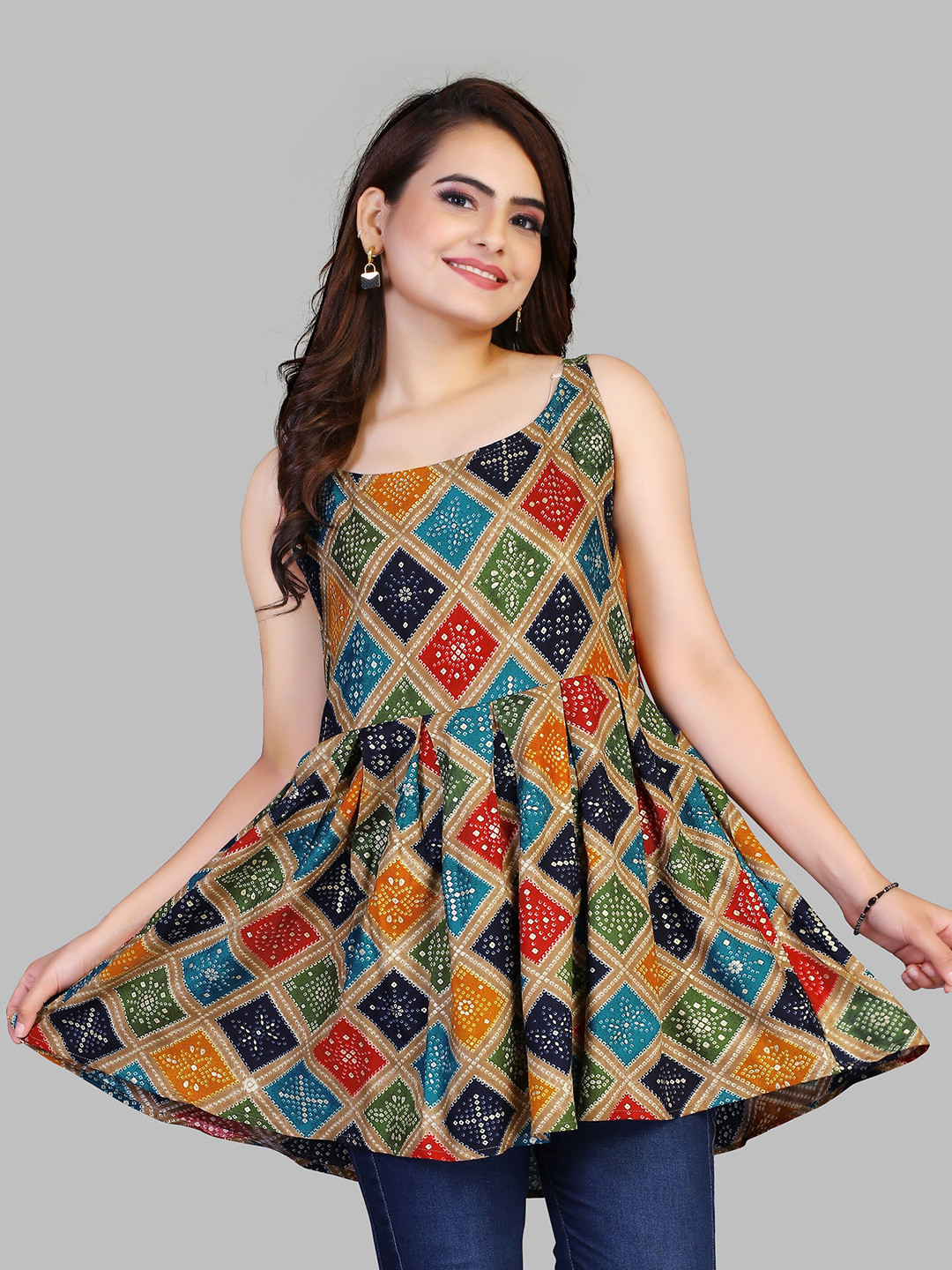 

Fashion FRICKS Geometric Print Longline Top, Green