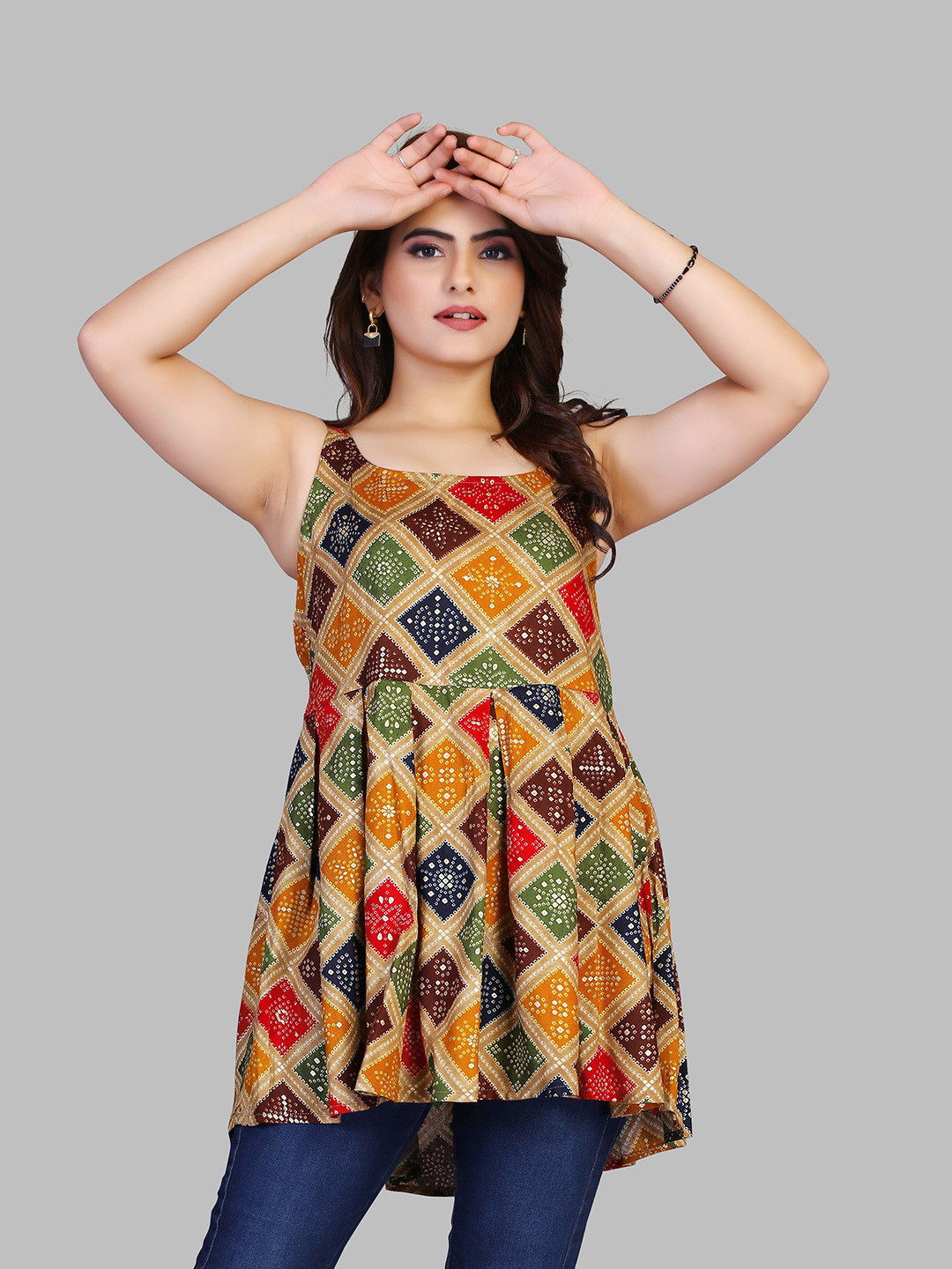 

Fashion FRICKS Geometric Print Longline Top, Green