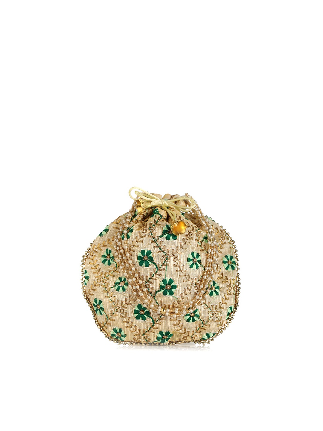 

gaura pakhi White & Green Embroidered Embellished Potli Clutch