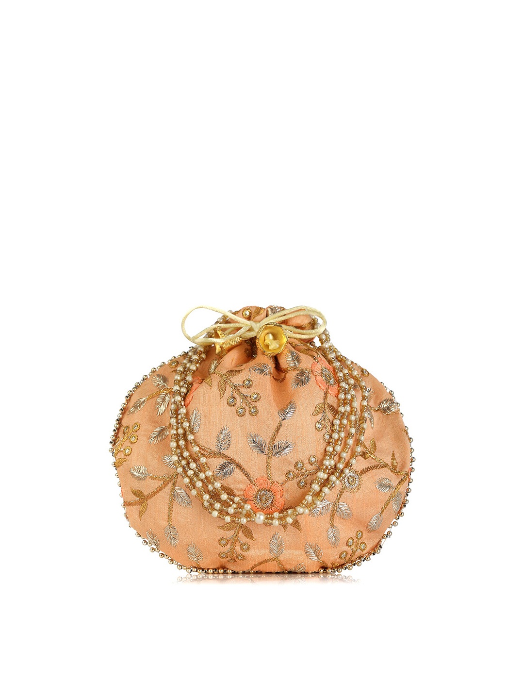 

gaura pakhi Peach & Gold-Toned Embroidered Embellished Potli Clutch