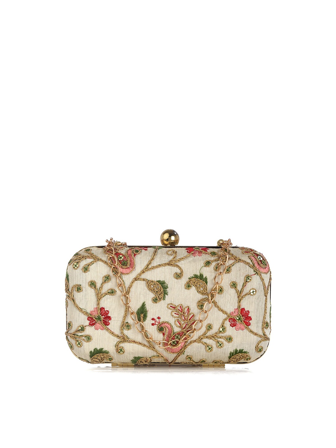 

gaura pakhi Cream-Coloured & Gold-Toned Embroidered Box Clutch