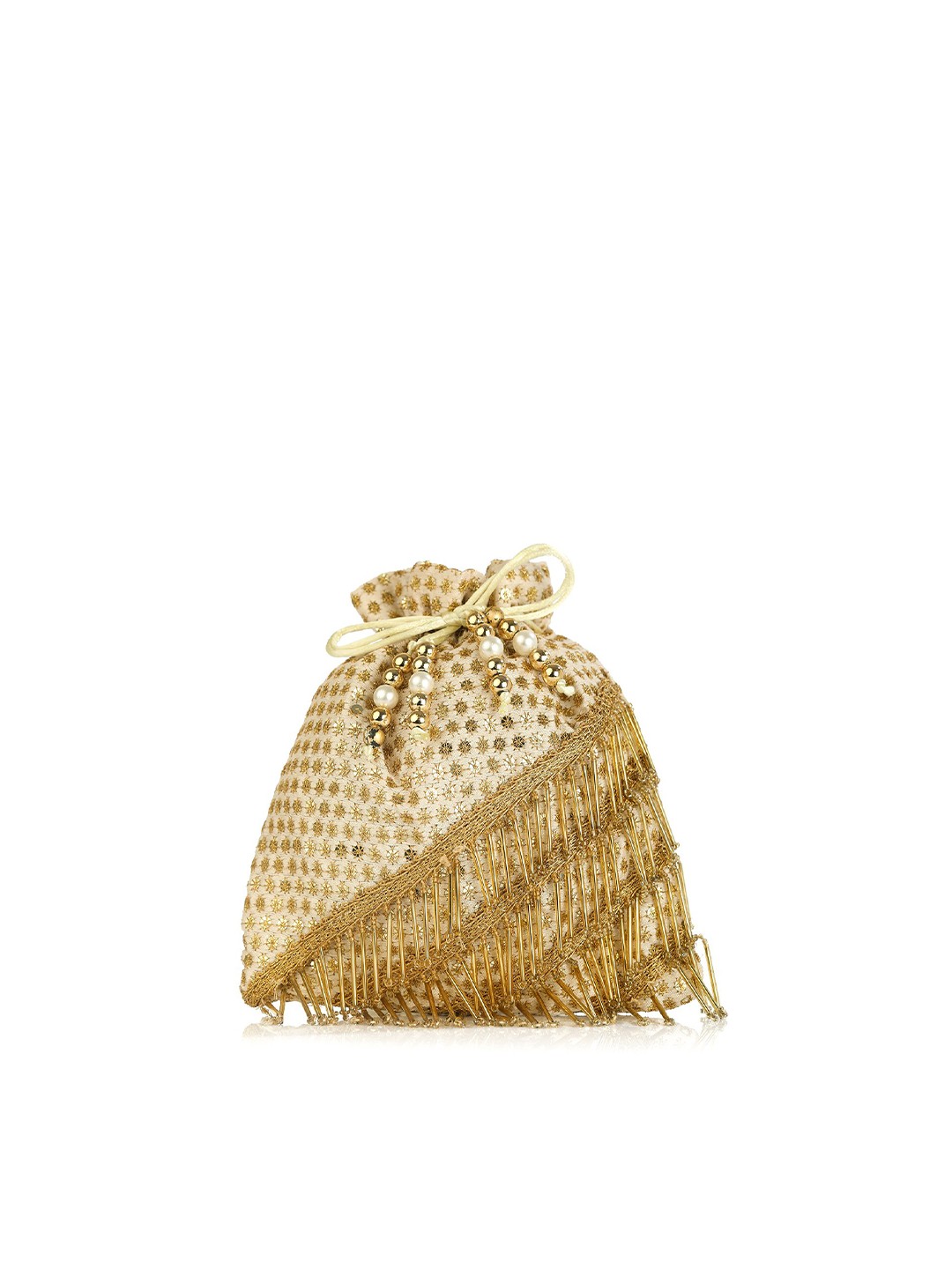 

gaura pakhi Cream-Coloured & Gold-Toned Embellished Fringed Potli Clutch