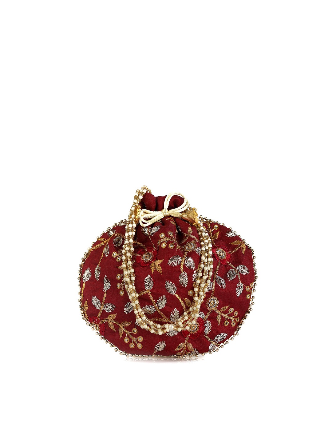 

gaura pakhi Maroon & Gold-Toned Embroidered Embellished Potli Clutch