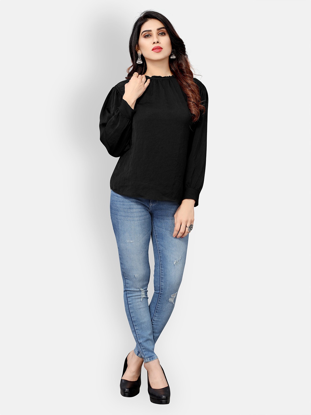 

Mclothings Round Neck Satin Top, Black