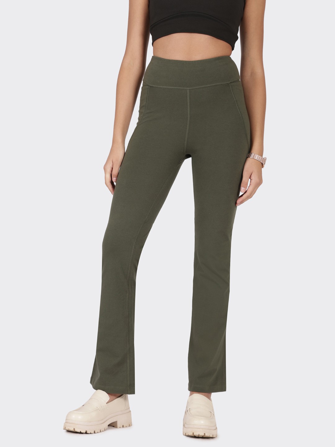 

Blissclub Women Plus Size High Waist The Groove In Cotton Flare Tall Track Pants, Olive