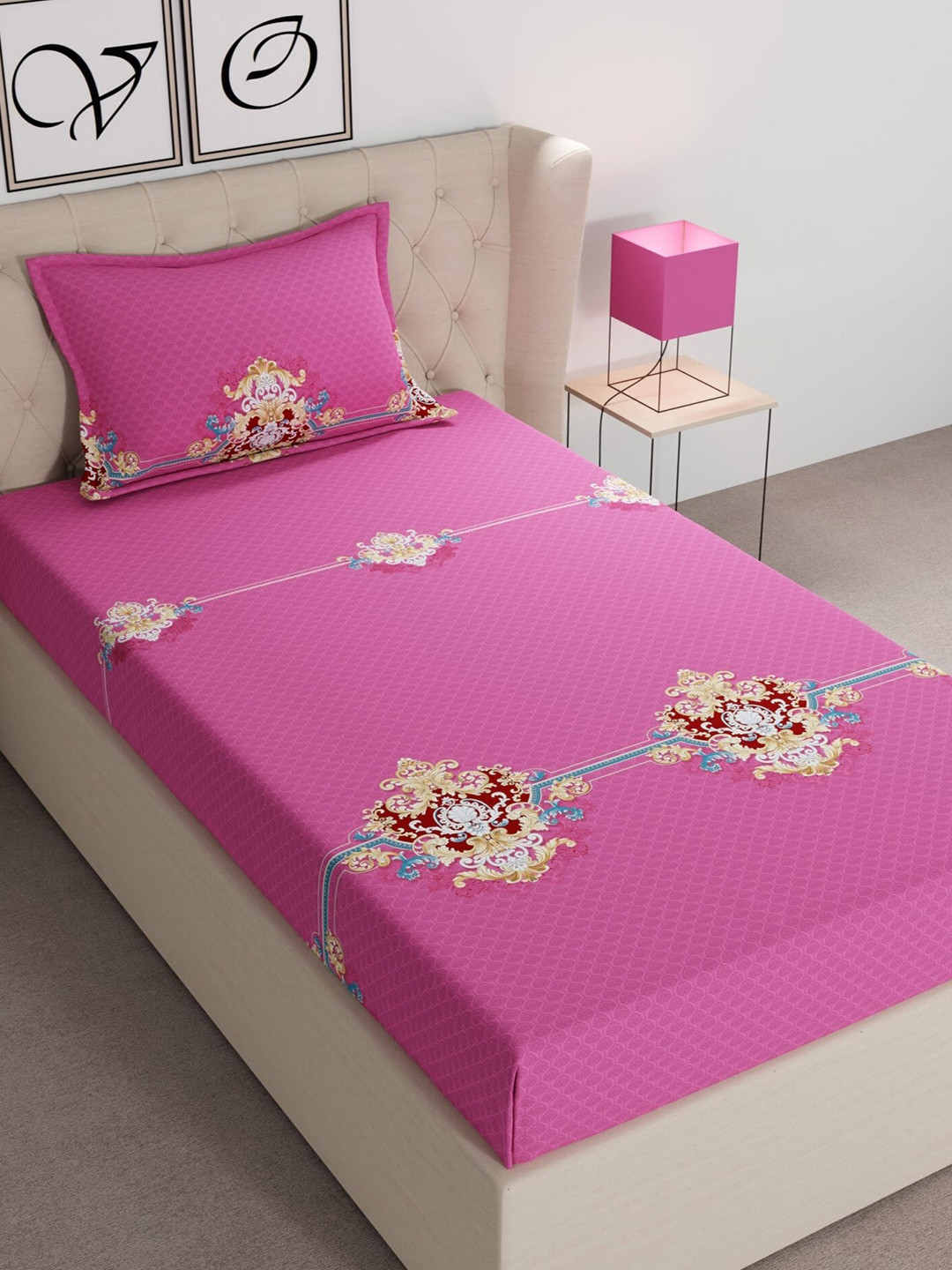 

CHHAVI INDIA Magenta & Blue Ethnic Motifs 210 TC Single Bedsheet With 1 Pillow Cover
