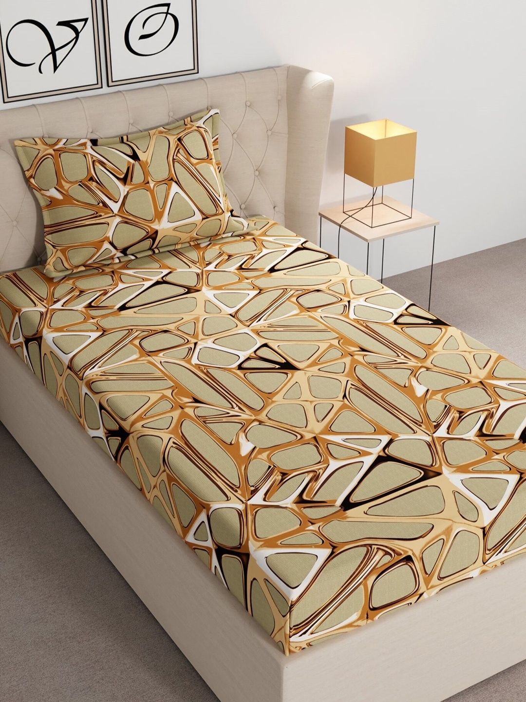 

CHHAVI INDIA Coffee Brown & Green 210 TC Ultra Soft Single Bedsheet with 1 Pillow Covers