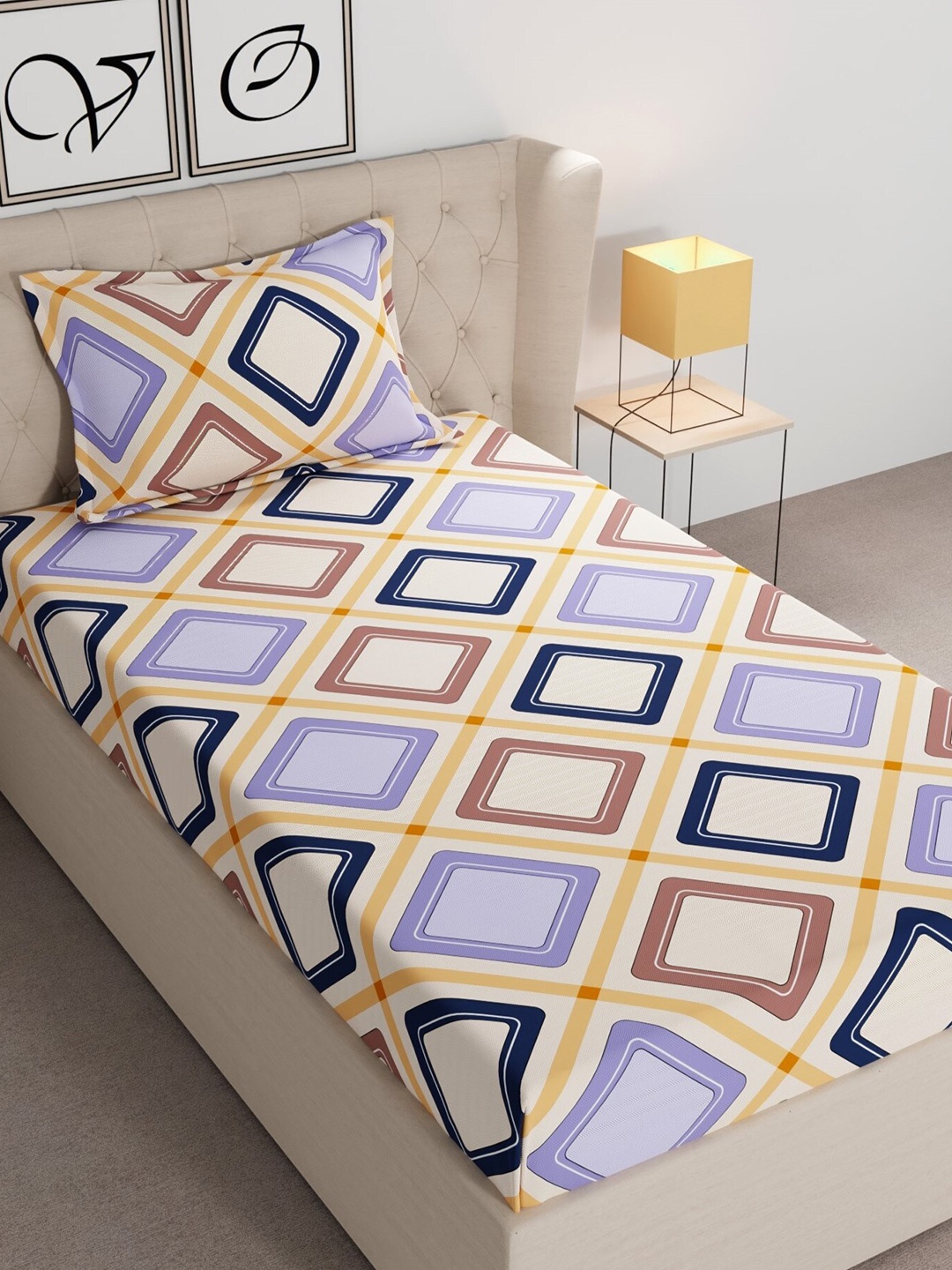

CHHAVI INDIA Cream-Coloured & Orange 210 TC Ultra Soft Single Bedsheet with 1 Pillow Cover