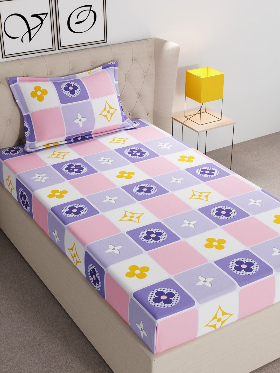 

CHHAVI INDIA Blue & Pink Geometric 210 TC Single Bedsheet With 1 Pillow Cover