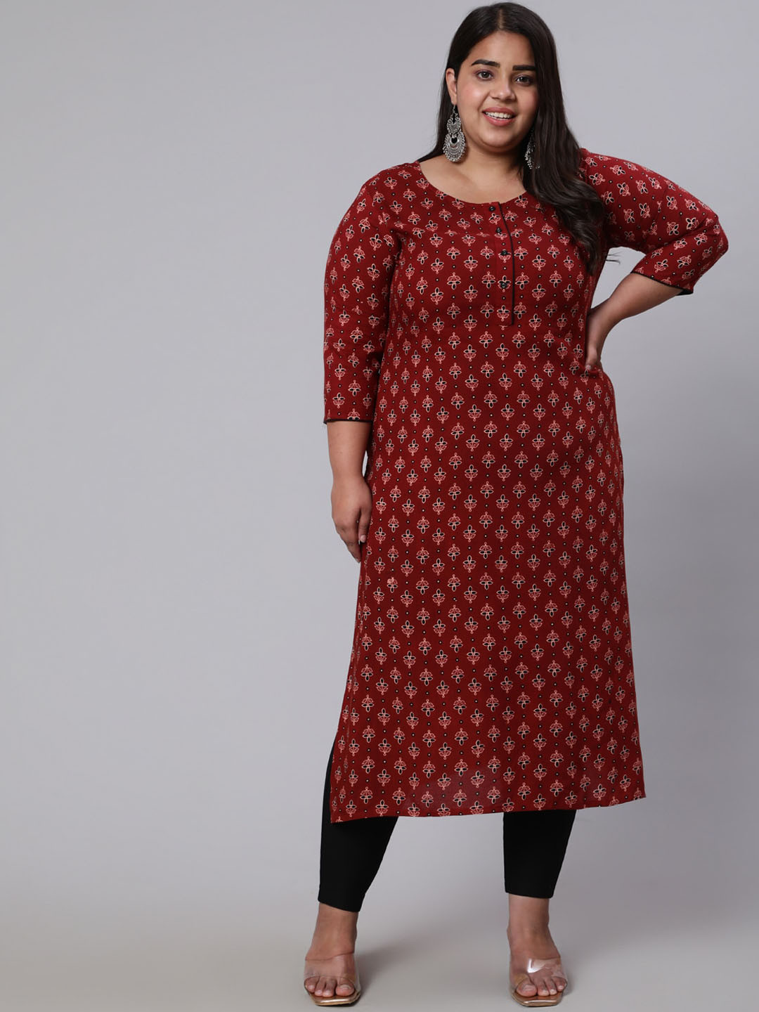 

Nayo Ethnic Motifs Printed Plus Size Cotton Kurta, Maroon