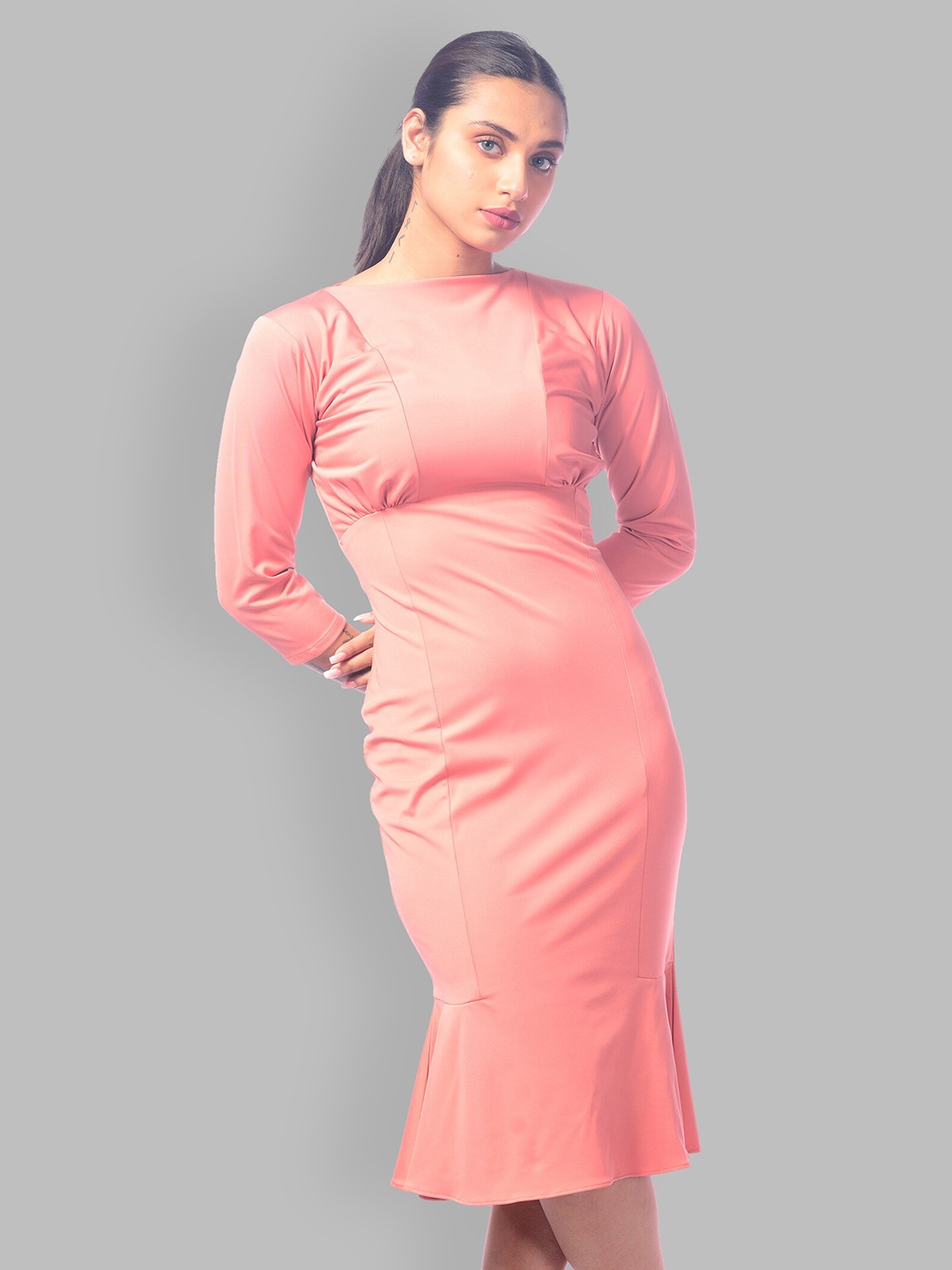 

MODWEE Women Back Zip Midi Sheath Dress, Peach