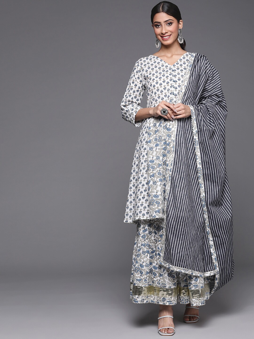 

KSUT Ethnic Motifs Printed Empire Pure Cotton Kurta with Sharara & With Dupatta, White