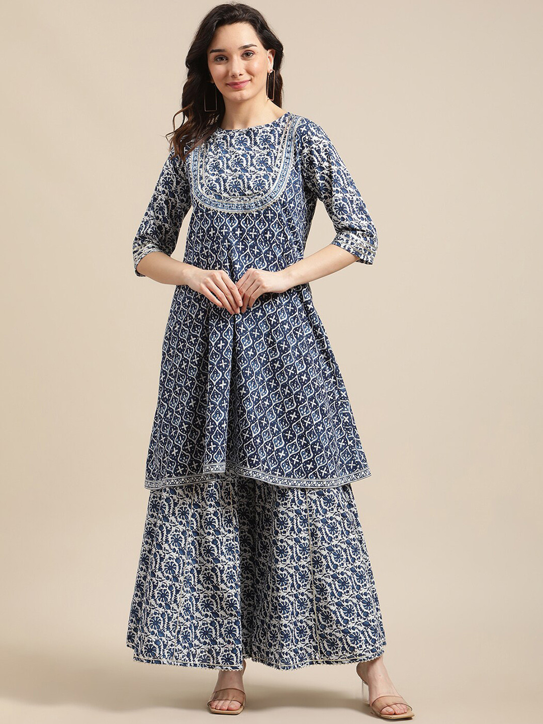 

KSUT Floral Printed Empire Gotta Patti Pure Cotton Kurta with Sharara, Blue
