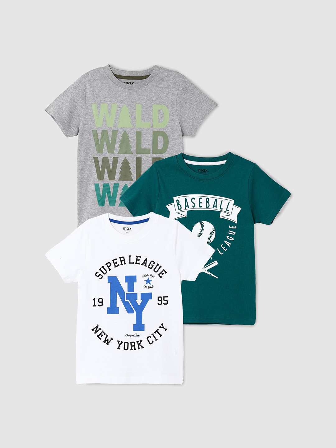 

max Typography Pack Of 3 Printed V-Neck Cotton T-shirt, Grey