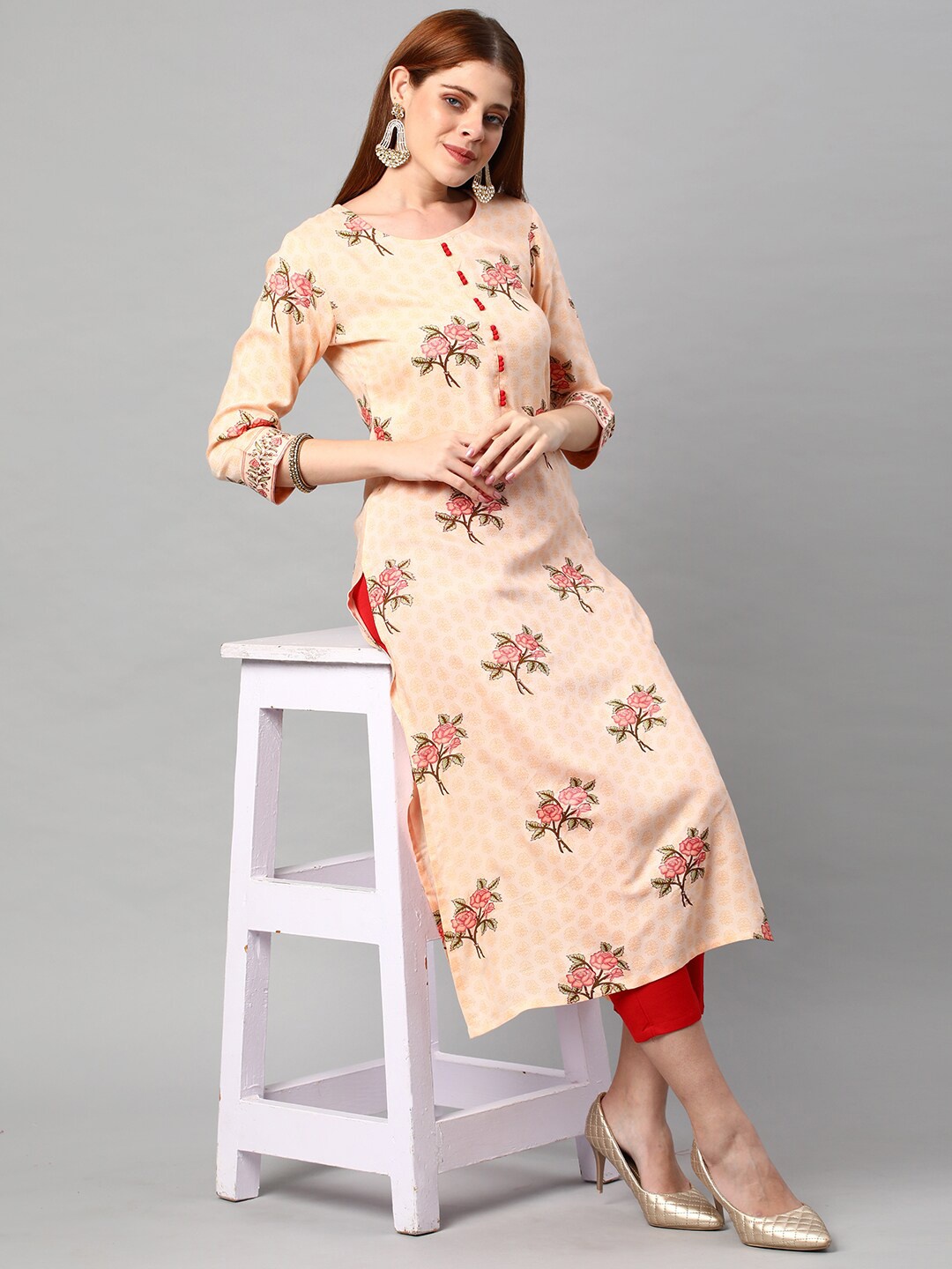 

KALINI Women Cream-Coloured Floral Printed Kurta with Trousers