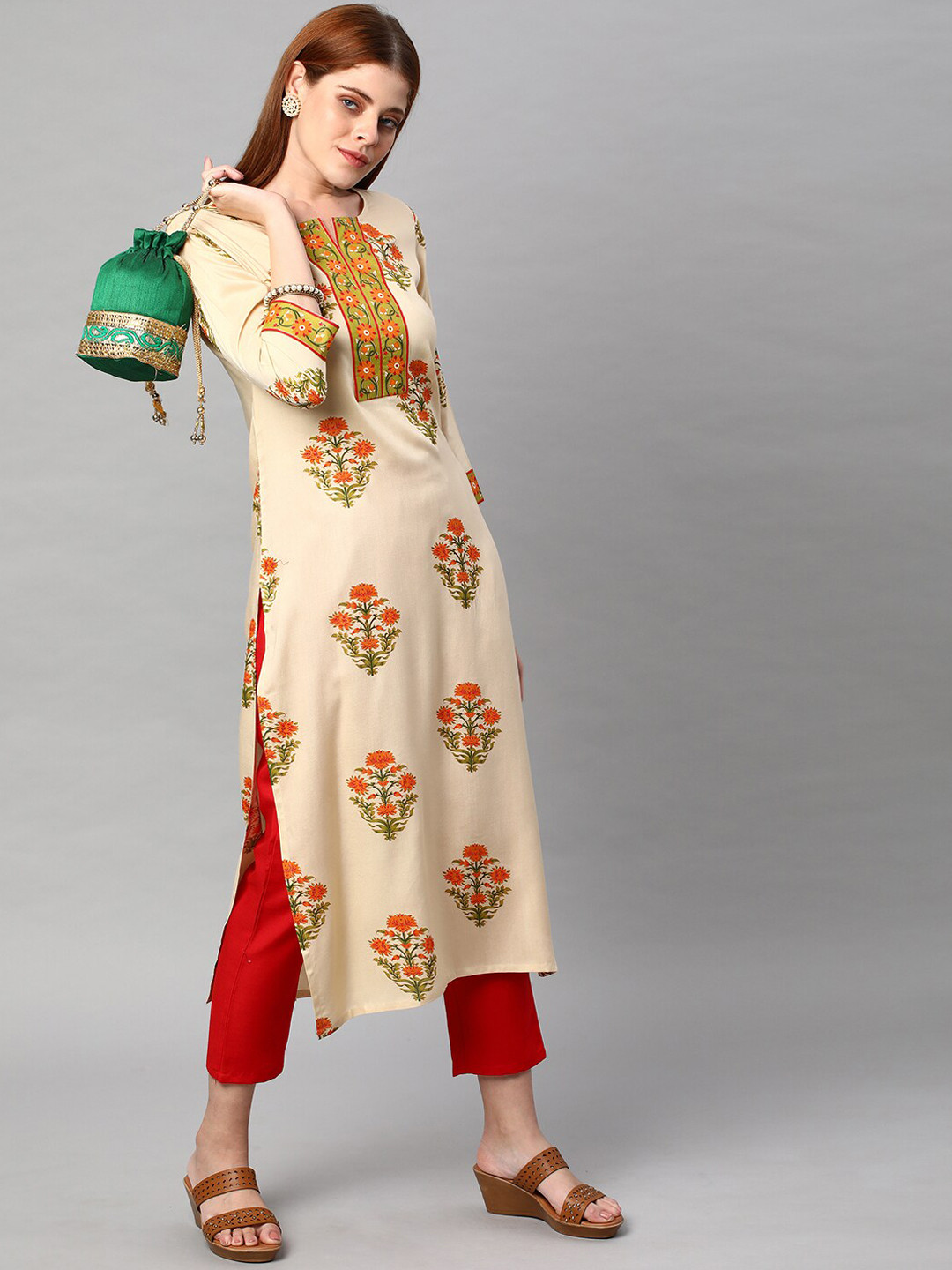 

KALINI Women Cream-Coloured Floral Printed Kurta with Trousers