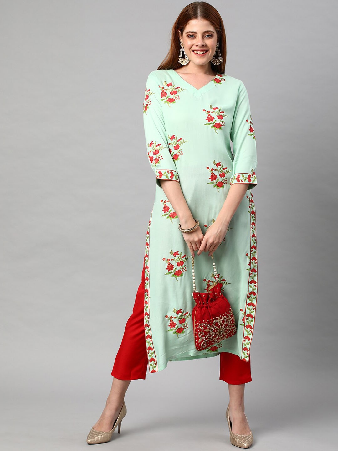 

KALINI Women Green Floral Printed Kurta with Trousers