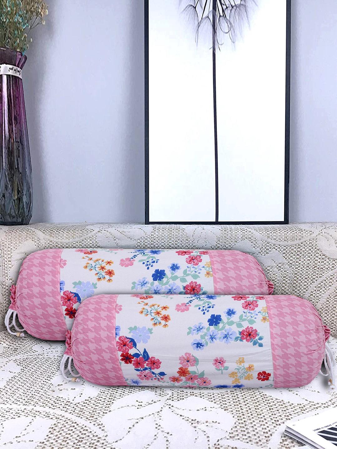 

Kuber Industries Pink & White Set Of 6 Floral Printed Cotton Bolster Covers