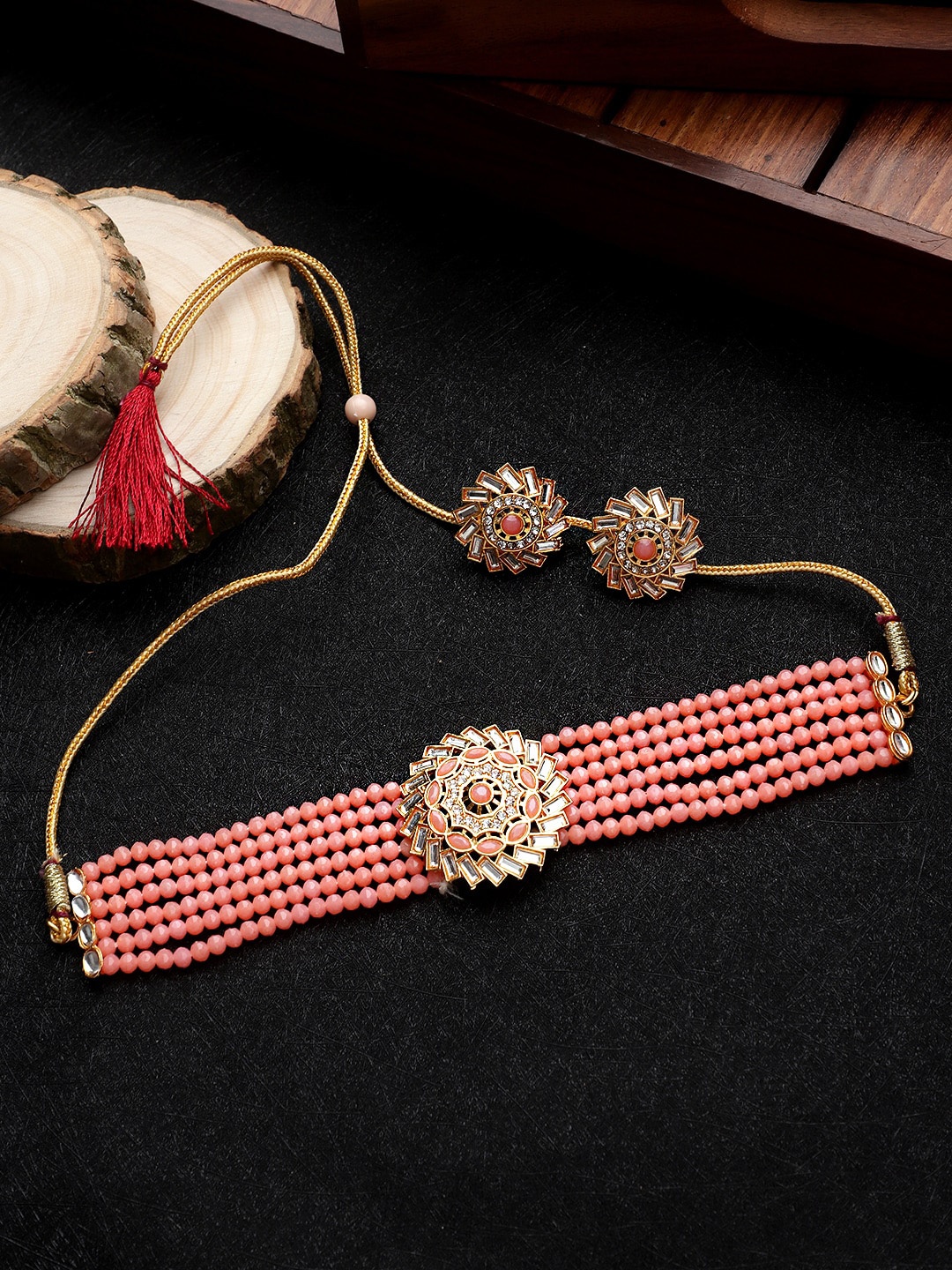 

CARDINAL Brass-Plated Artificial Stones Studded & Beaded Jewellery Set, Gold