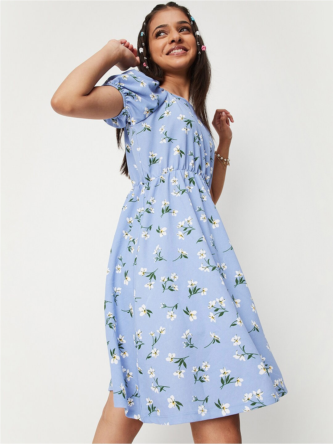 

max Floral Printed Puff Sleeves Dress, Blue
