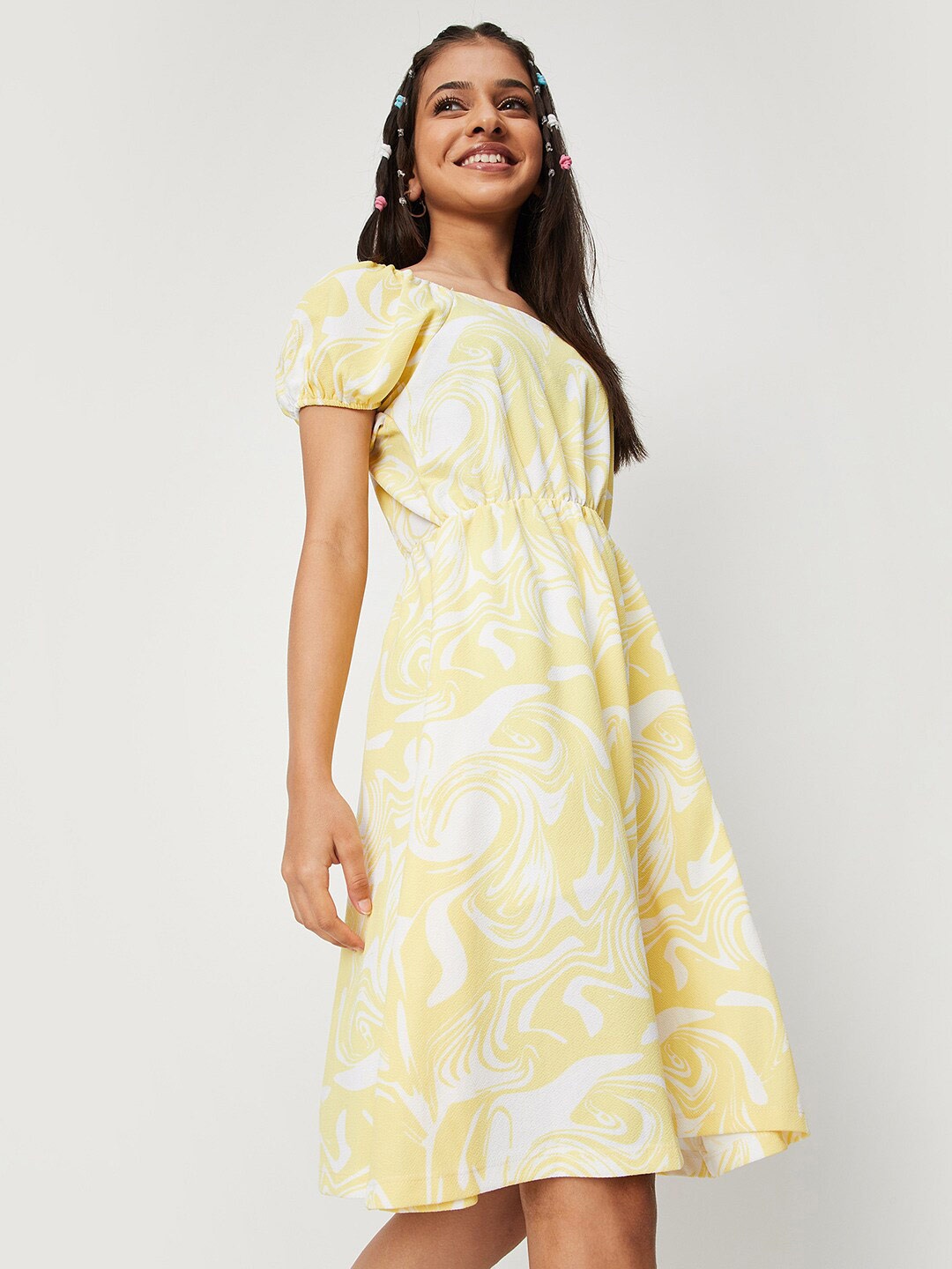 

max Abstract Printed Puff Sleeves Dress, Yellow