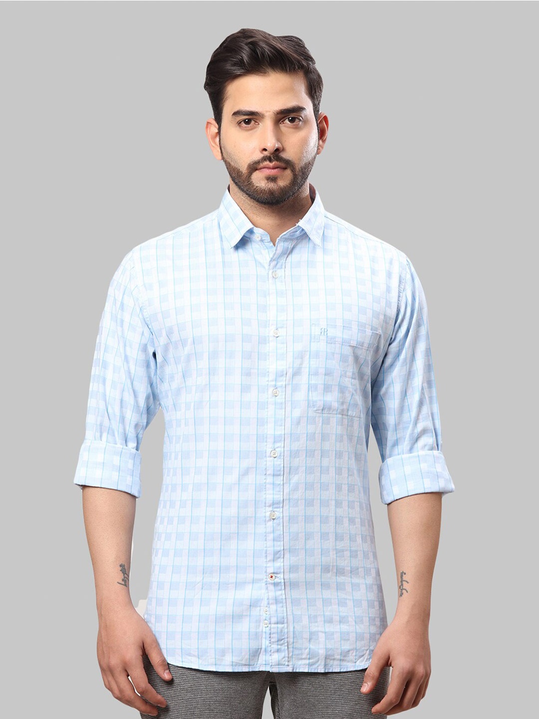 

Raymond Men Comfort Slim Fit Checked Casual Shirt, Blue