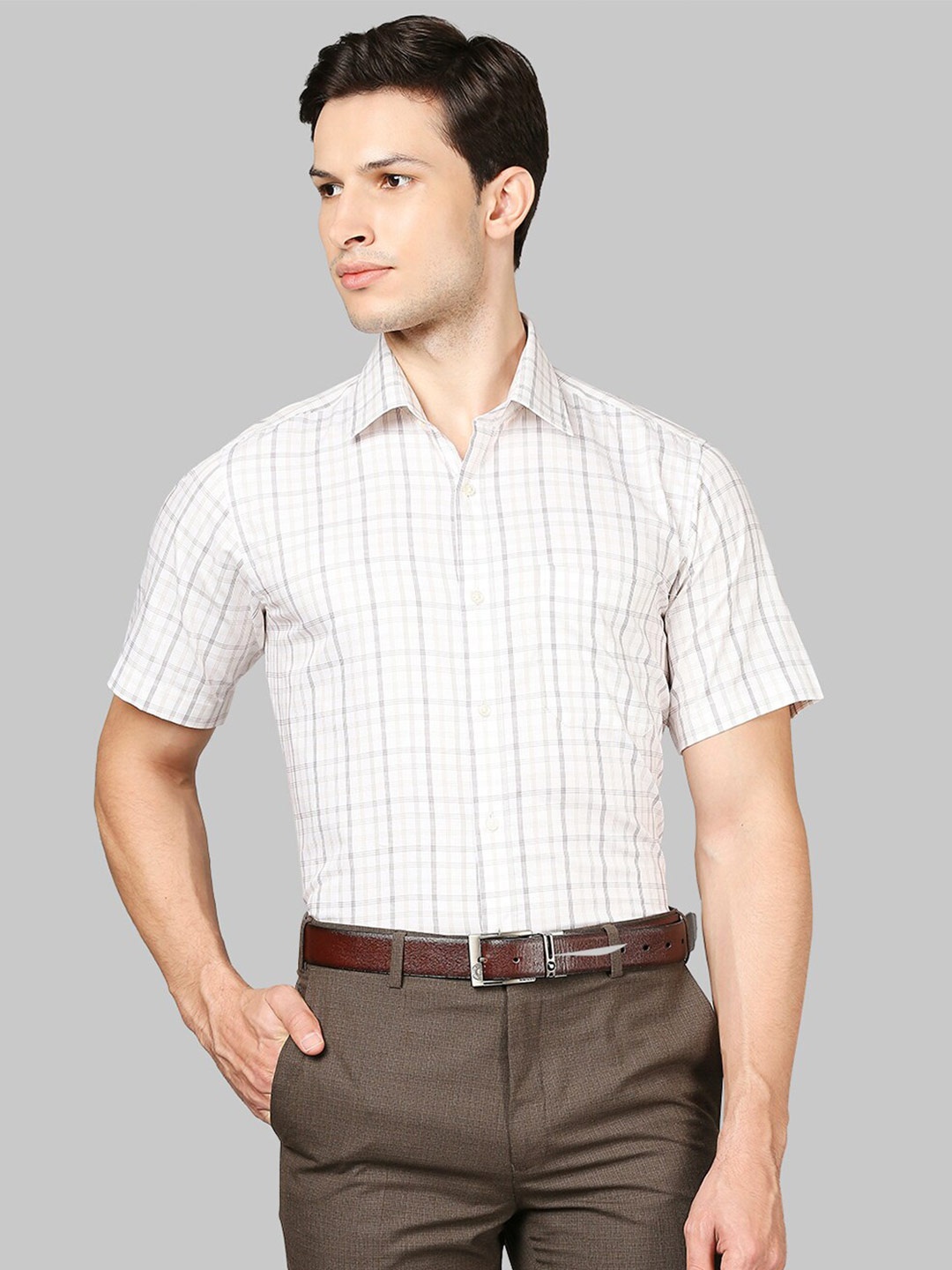 

Raymond Men Checked Cotton Formal Shirt, Beige