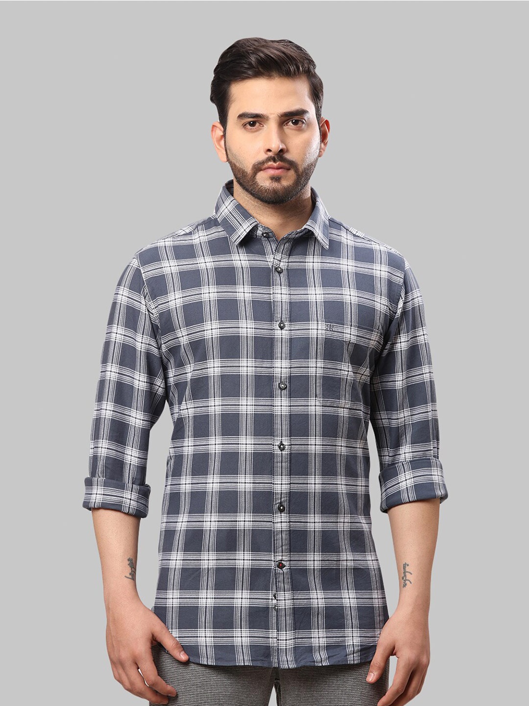 

Raymond Men Checked Cotton Shirt, Blue