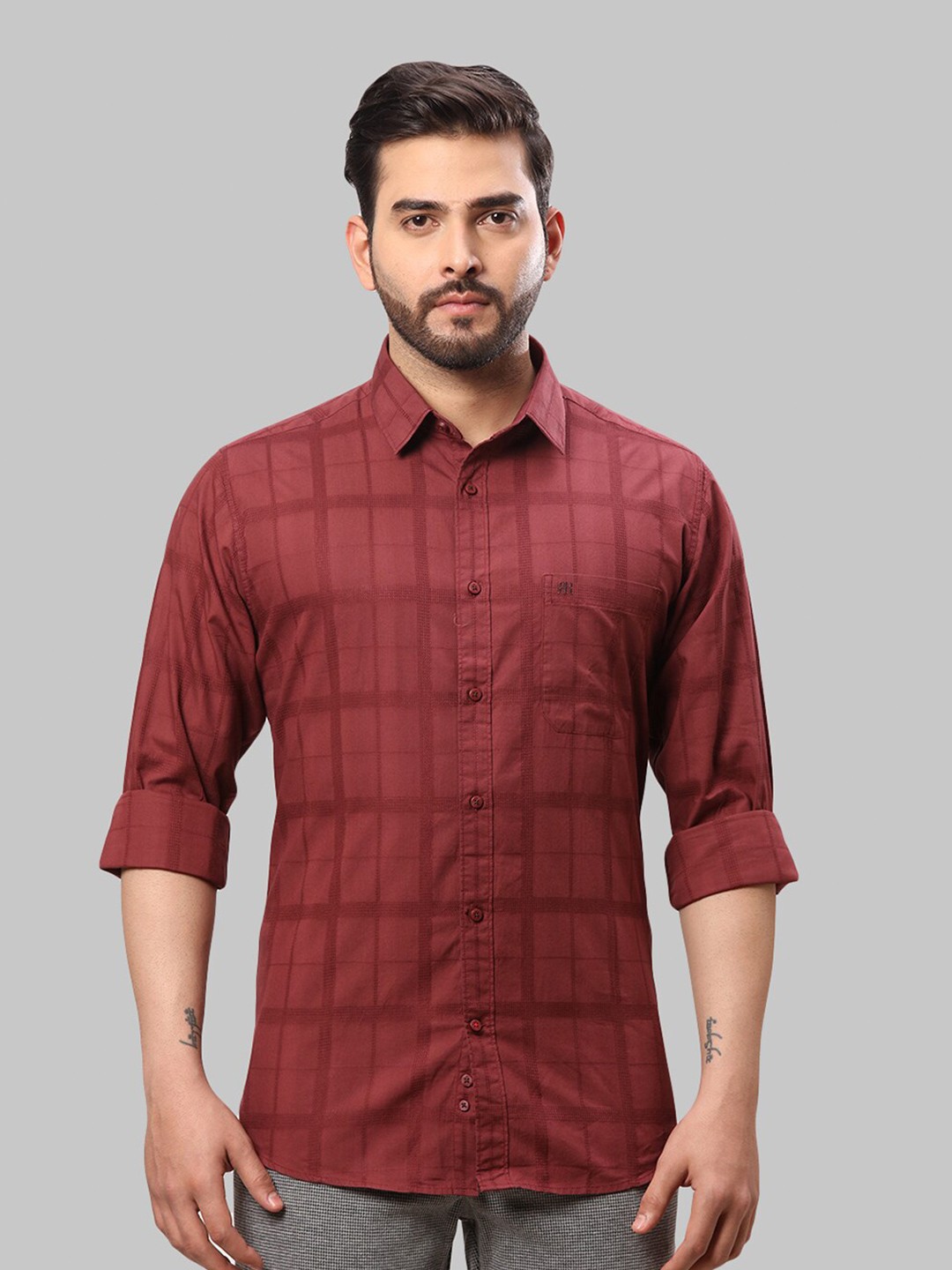

Raymond Men Maroon Checked Slim-Fit Cotton Casual Shirts