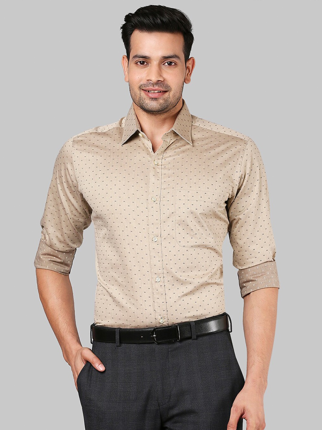 

Raymond Men Printed Cotton Formal Shirt, Beige