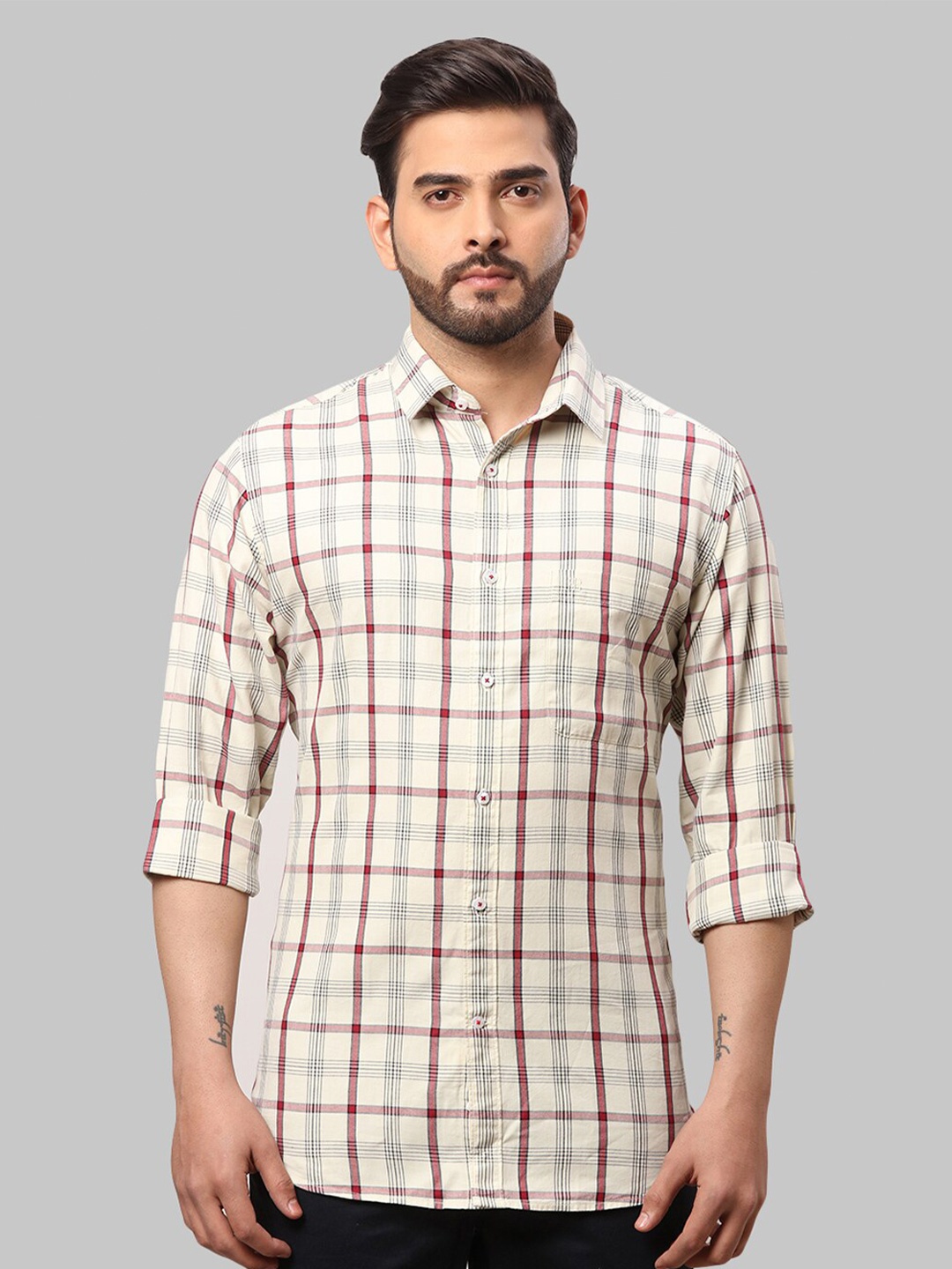 

Raymond Beige Slim Fit Checked Cotton Casual Shirt