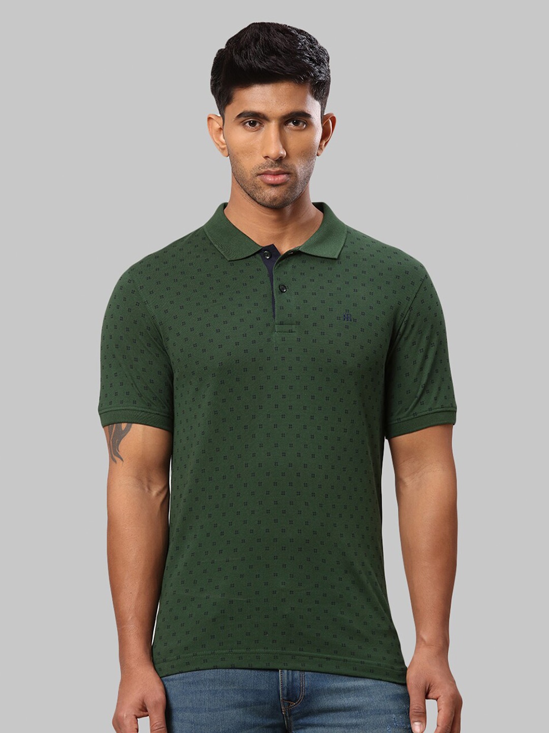 

Raymond Men Printed Polo Collar Pure Cotton T-shirt, Green