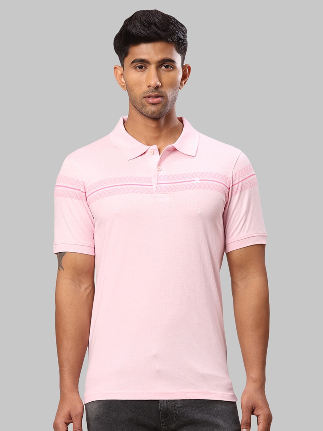 

Raymond Men Striped Polo Collar Pure Cotton T-shirt, Pink