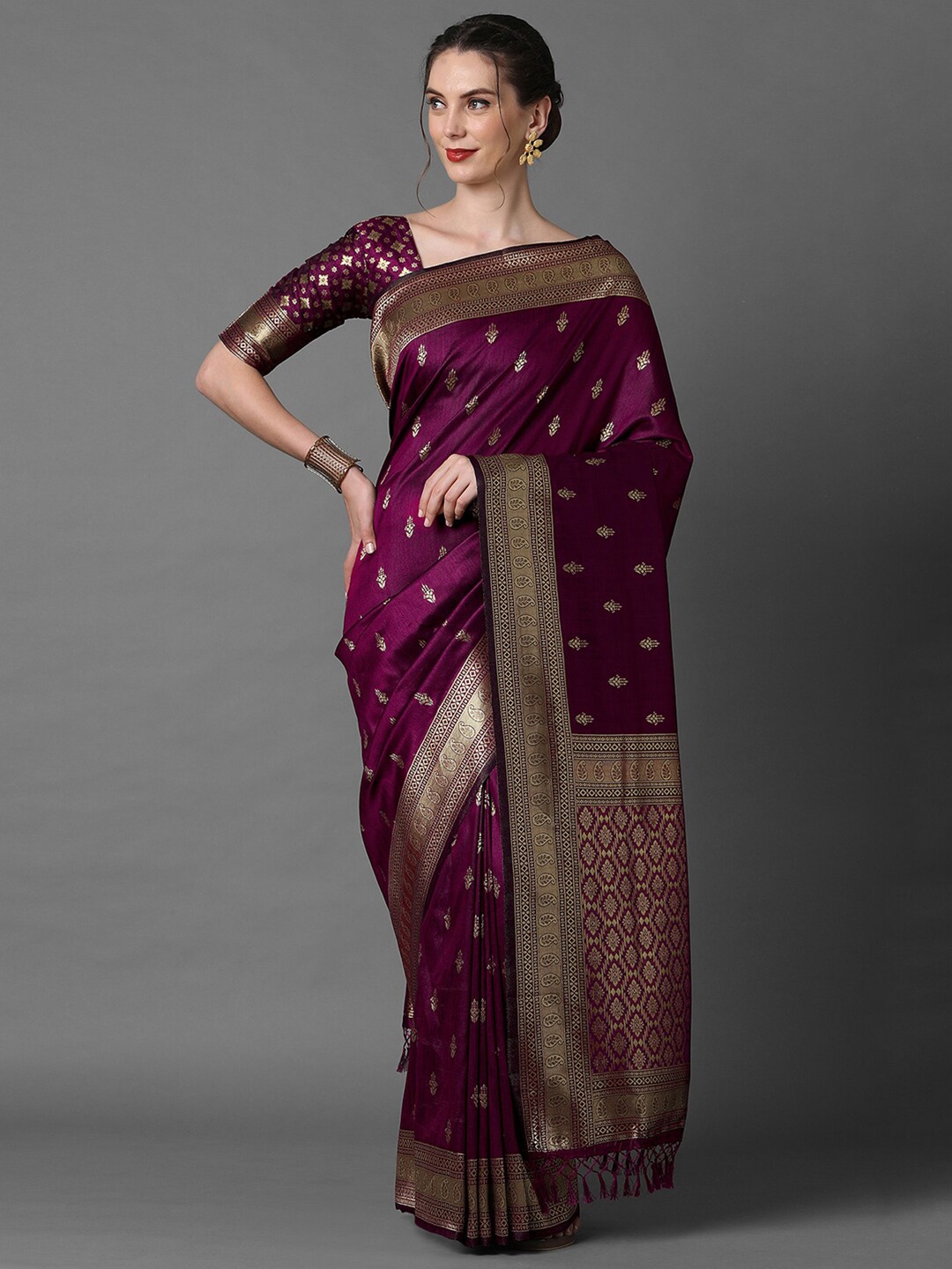 

Mitera Woven Design Zari Silk Blend Banarasi Saree, Magenta