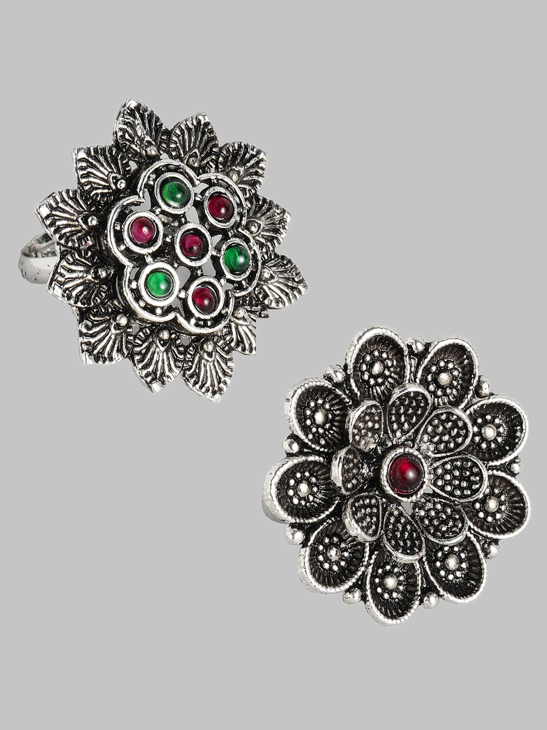 

Kord Store Set Of 2 Rhodium-Plated Oxidesed Stones Studded Finger Ring, Black
