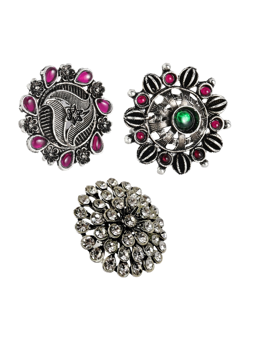 Kord Store Set Of 3 Oxidised Silver-Plated Stone Studded Ring