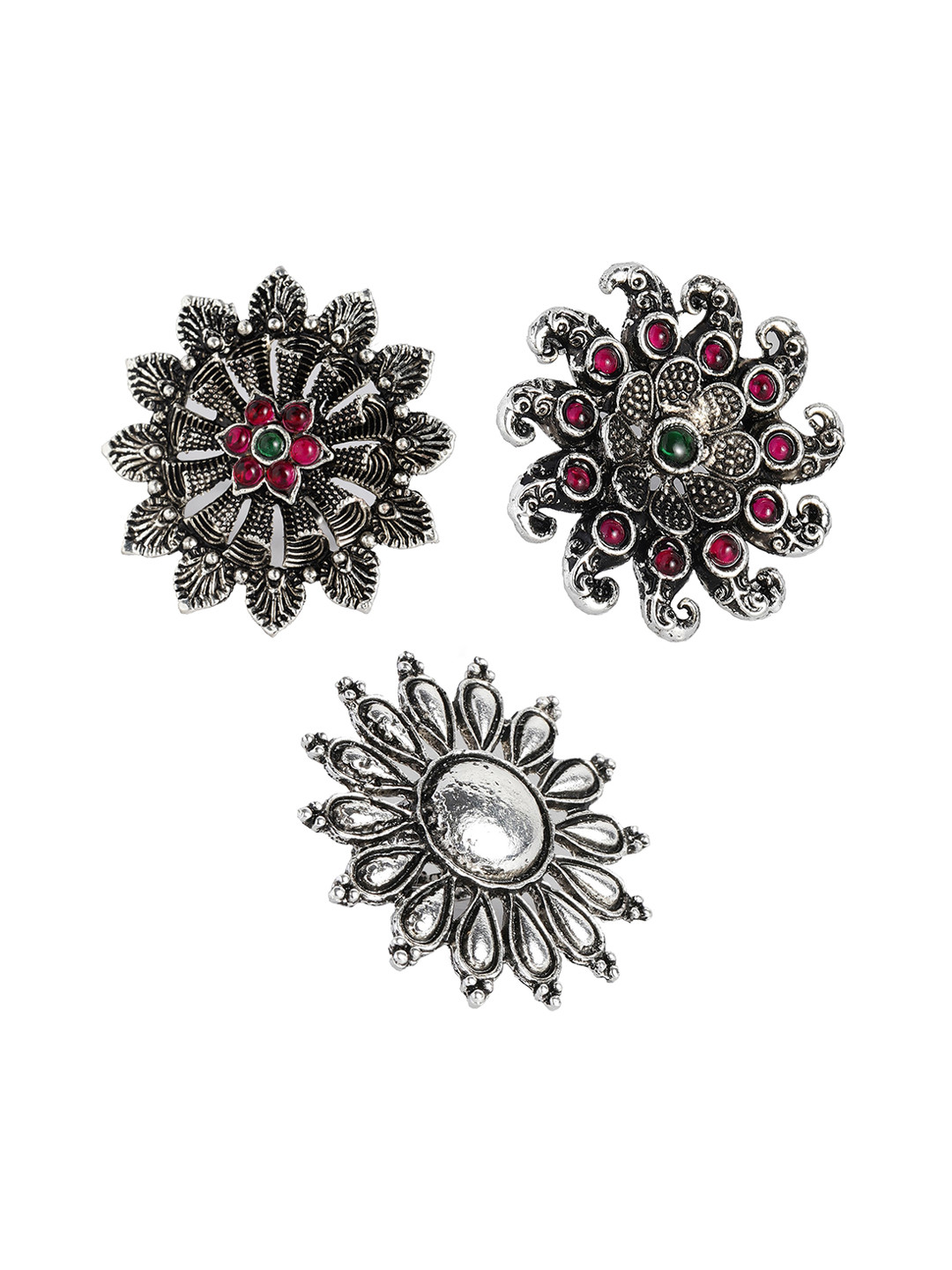 

Kord Store Women Set Of 3 Silver Plated Artificial Stones & Beaded Finger Rings